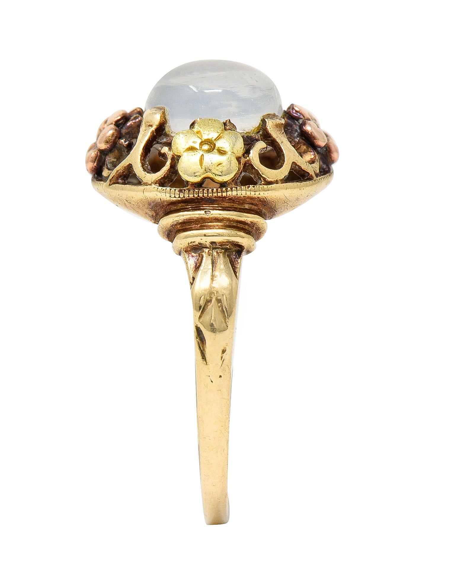 Kunsthandwerklicher antiker Mondstein-Cabochon 14K dreifarbiger Goldring mit Blumenmuster 4