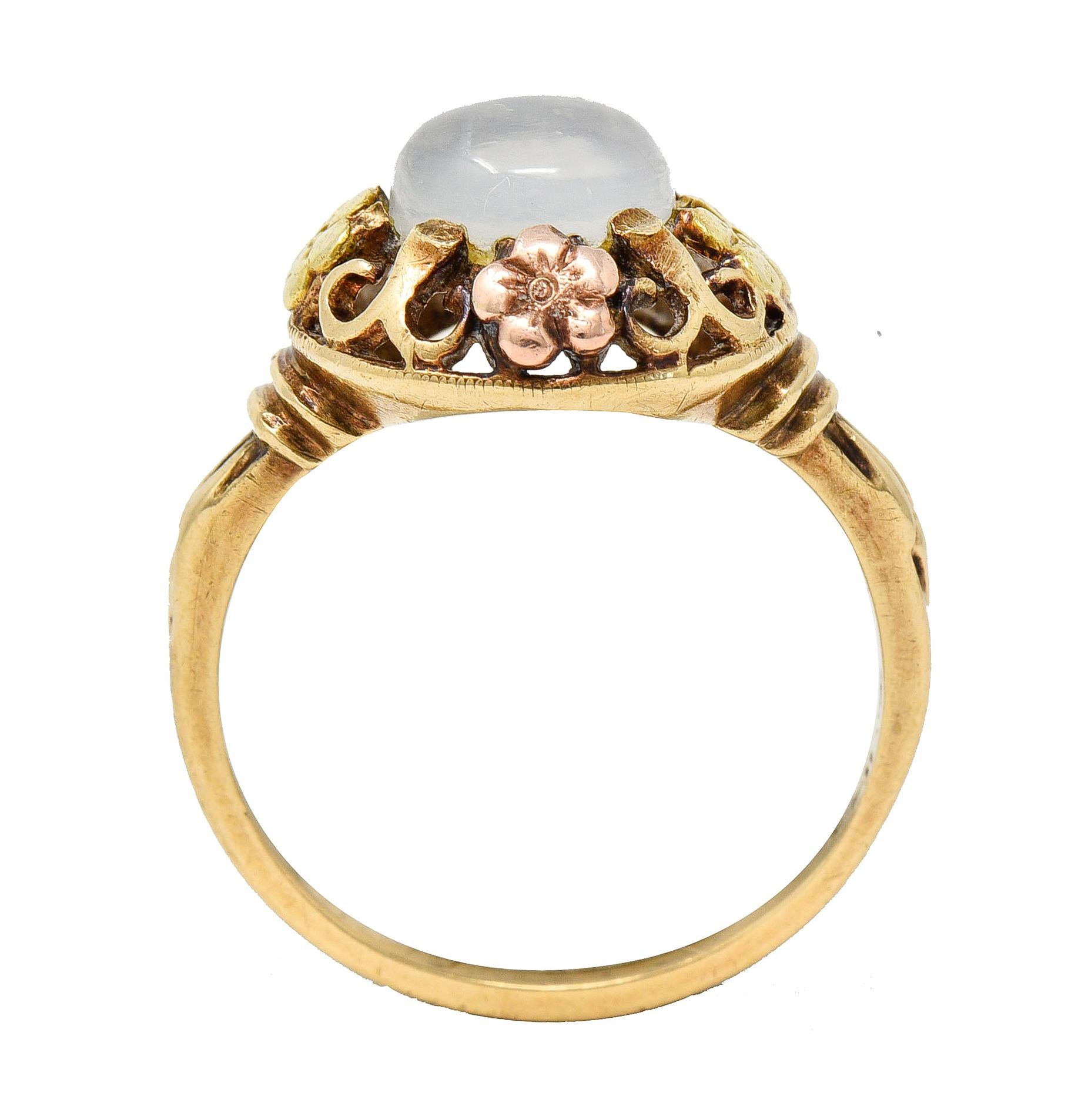 Kunsthandwerklicher antiker Mondstein-Cabochon 14K dreifarbiger Goldring mit Blumenmuster 5