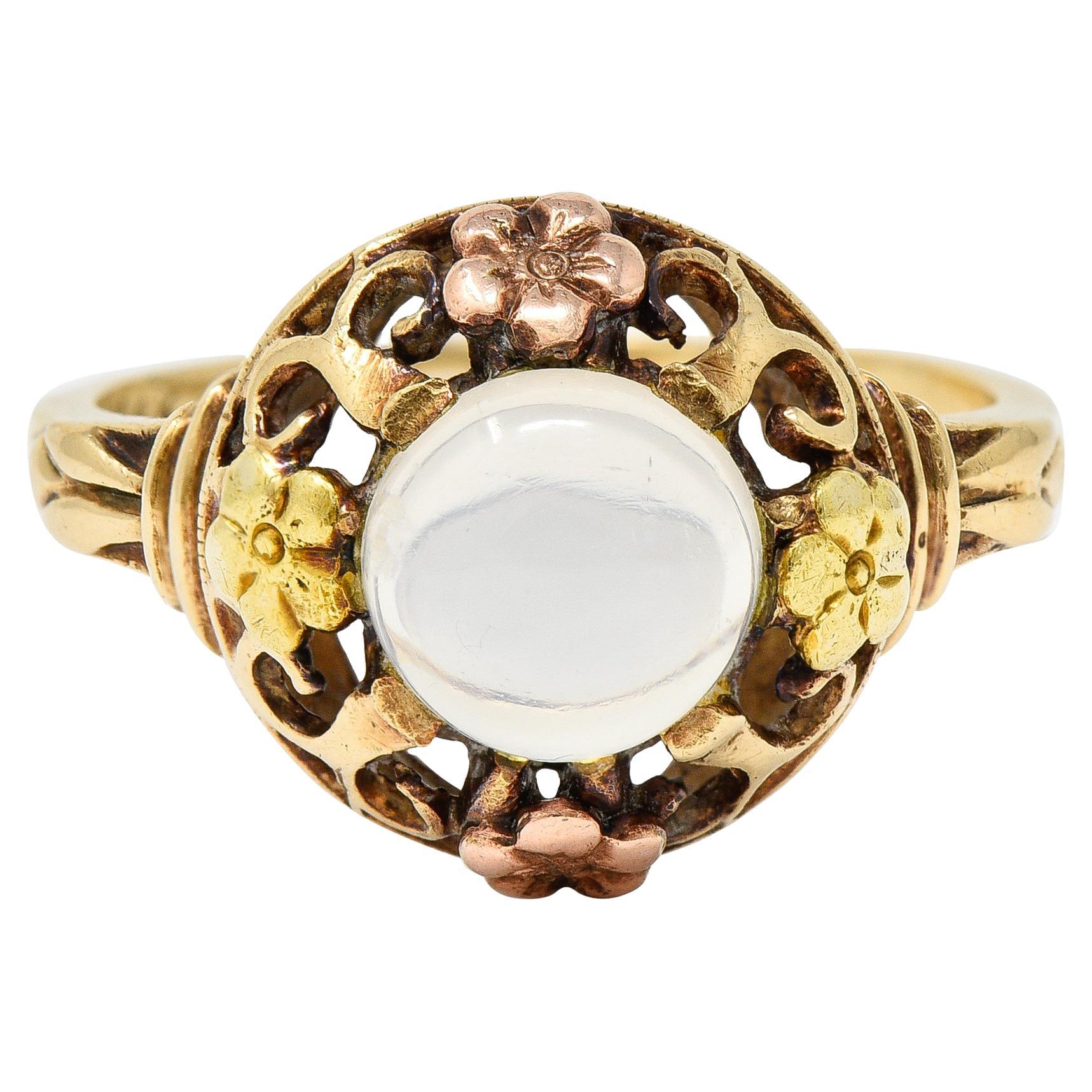 Kunsthandwerklicher antiker Mondstein-Cabochon 14K dreifarbiger Goldring mit Blumenmuster