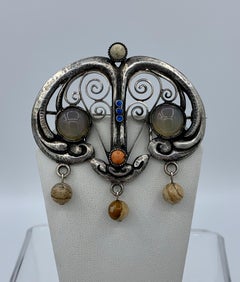 Arts & Crafts Moonstone Coral Enamel Brooch Agate Drops Signed J.K.D. Jugendstil