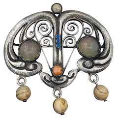 Arts & Crafts Moonstone Coral Enamel Brooch Agate Drops Signed J.K.D. Jugendstil
