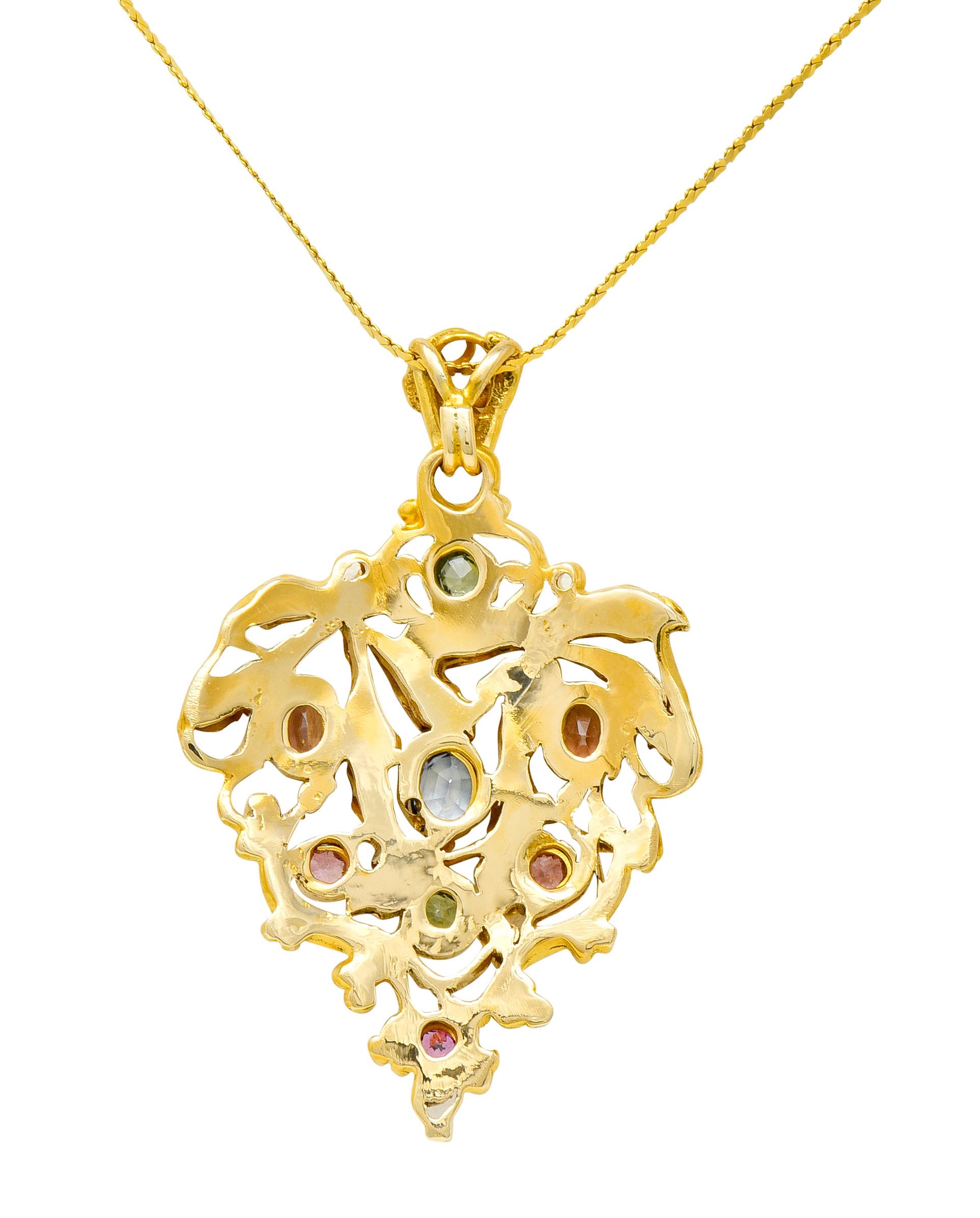 Arts & Crafts Multi-Gem Sapphire 14 Karat Gold Grape Cluster Pendant Necklace 4