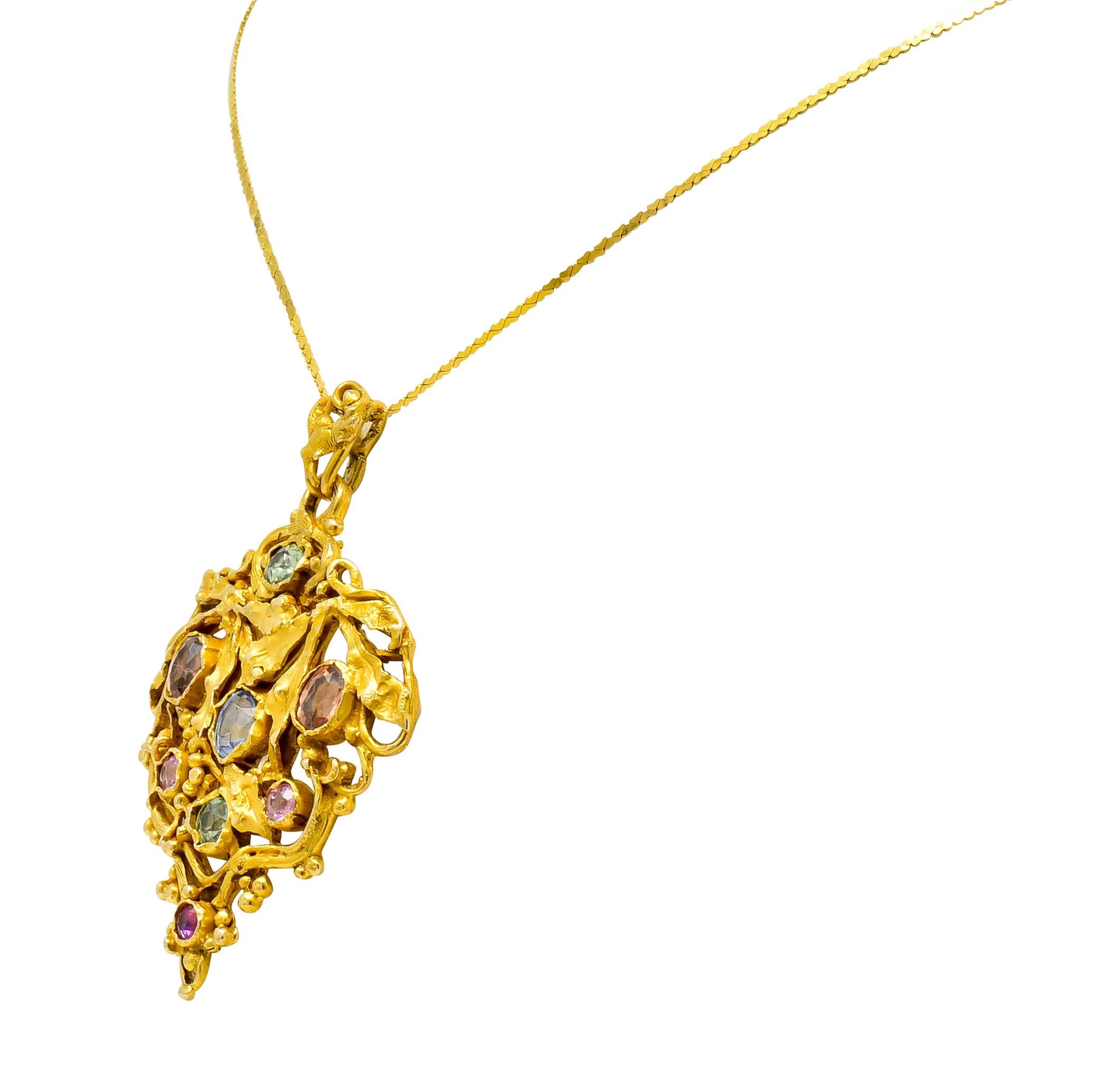 Arts and Crafts Arts & Crafts Multi-Gem Sapphire 14 Karat Gold Grape Cluster Pendant Necklace