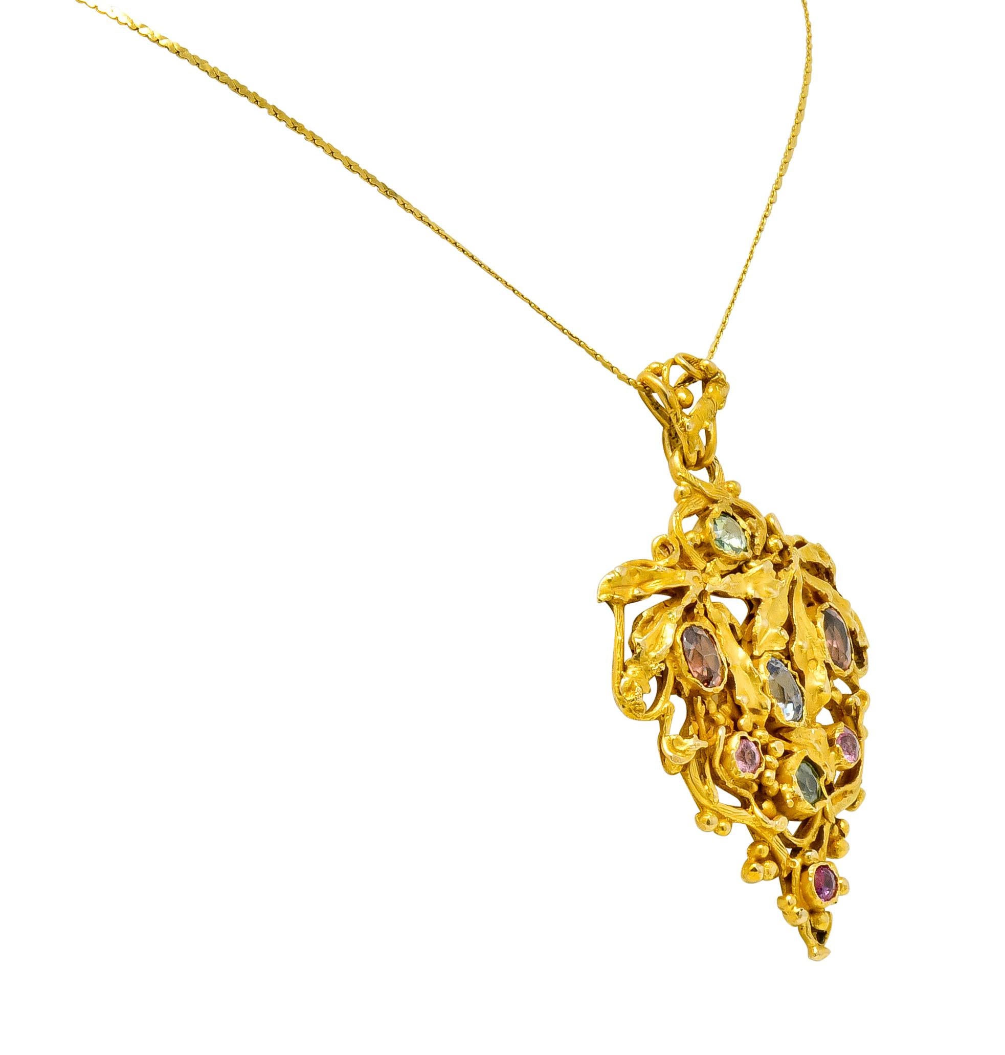 Round Cut Arts & Crafts Multi-Gem Sapphire 14 Karat Gold Grape Cluster Pendant Necklace