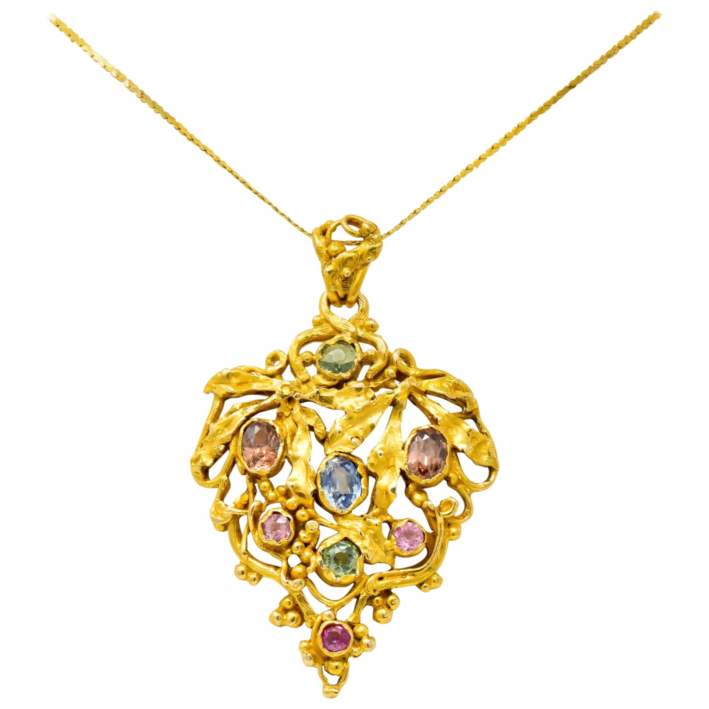 Arts & Crafts Multi-Gem Sapphire 14 Karat Gold Grape Cluster Pendant Necklace