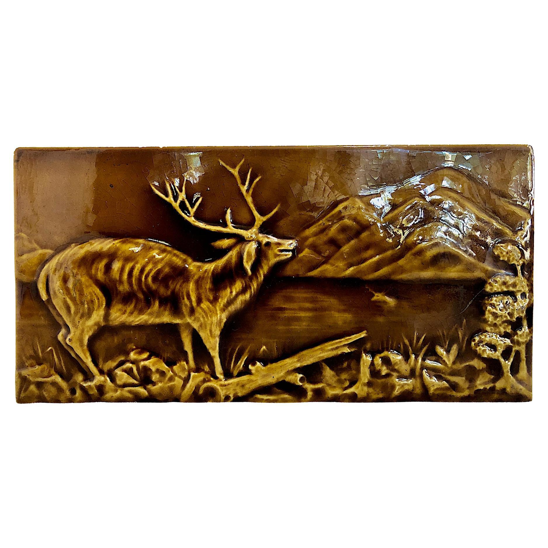 Arts & Crafts Nature Scene on a Raised Relief Glazed Tile For Sale