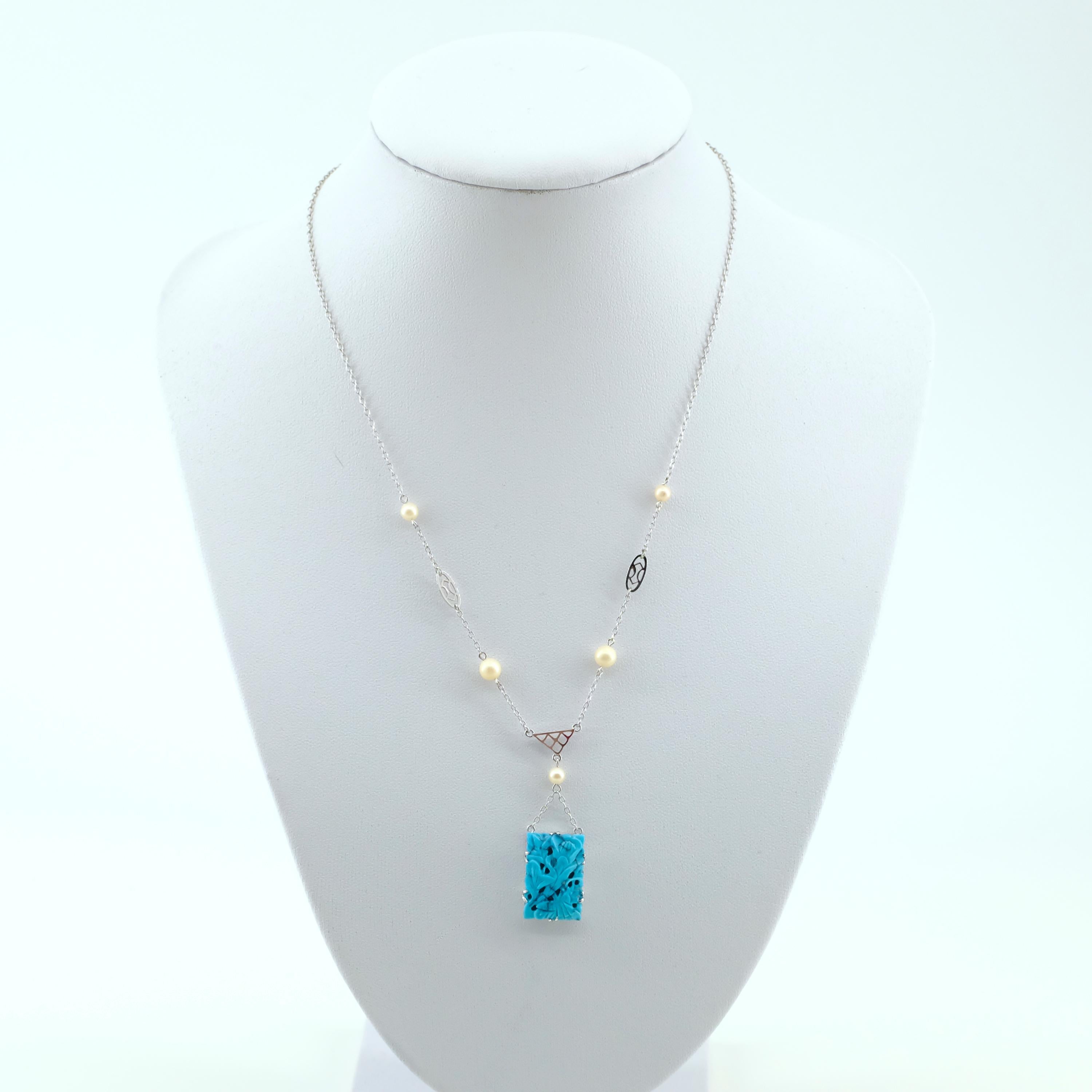 Arts and Crafts Arts & Crafts Necklace of Carved Turquoise and Pearls