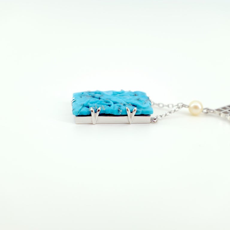 Arts and Crafts Necklace of Carved Turquoise and Pearls For Sale at 1stDibs