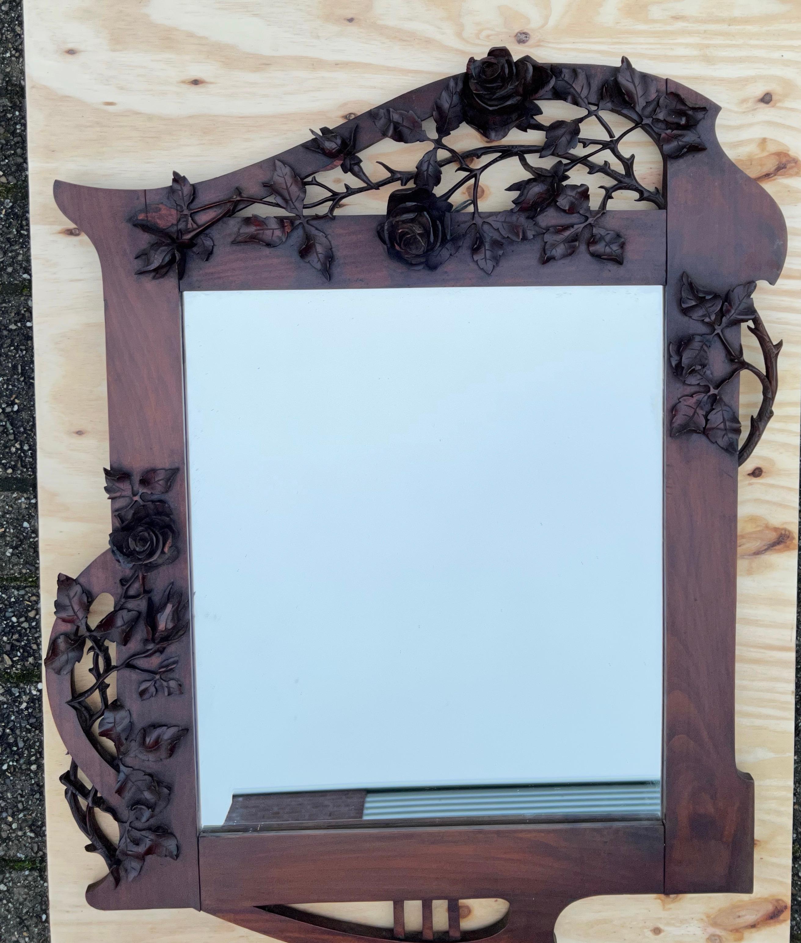 Arts & Crafts Nutwood Wall or Fireplace Mirror with Amazing Hand Carved Roses 6