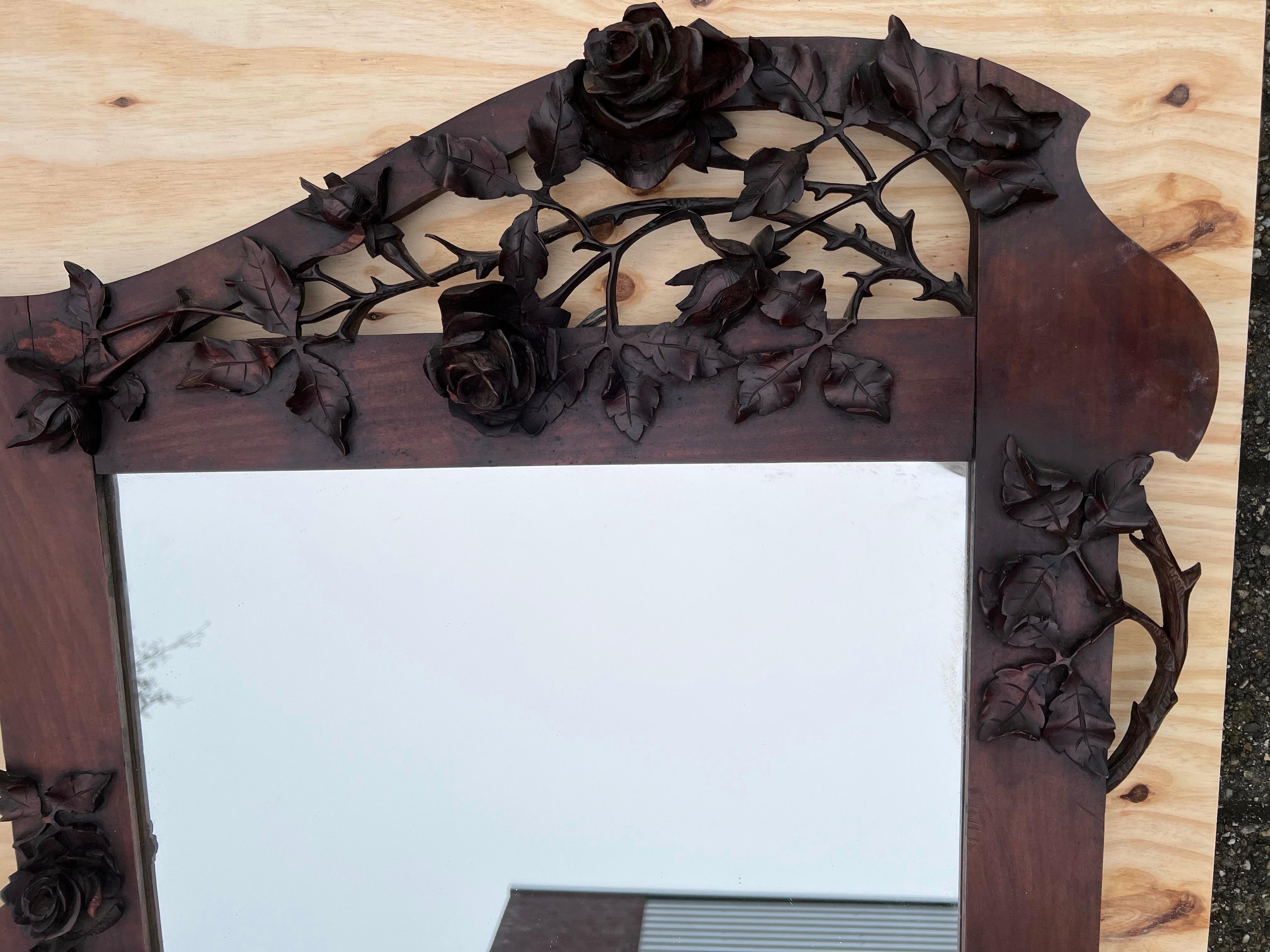 Arts & Crafts Nutwood Wall or Fireplace Mirror with Amazing Hand Carved Roses 9