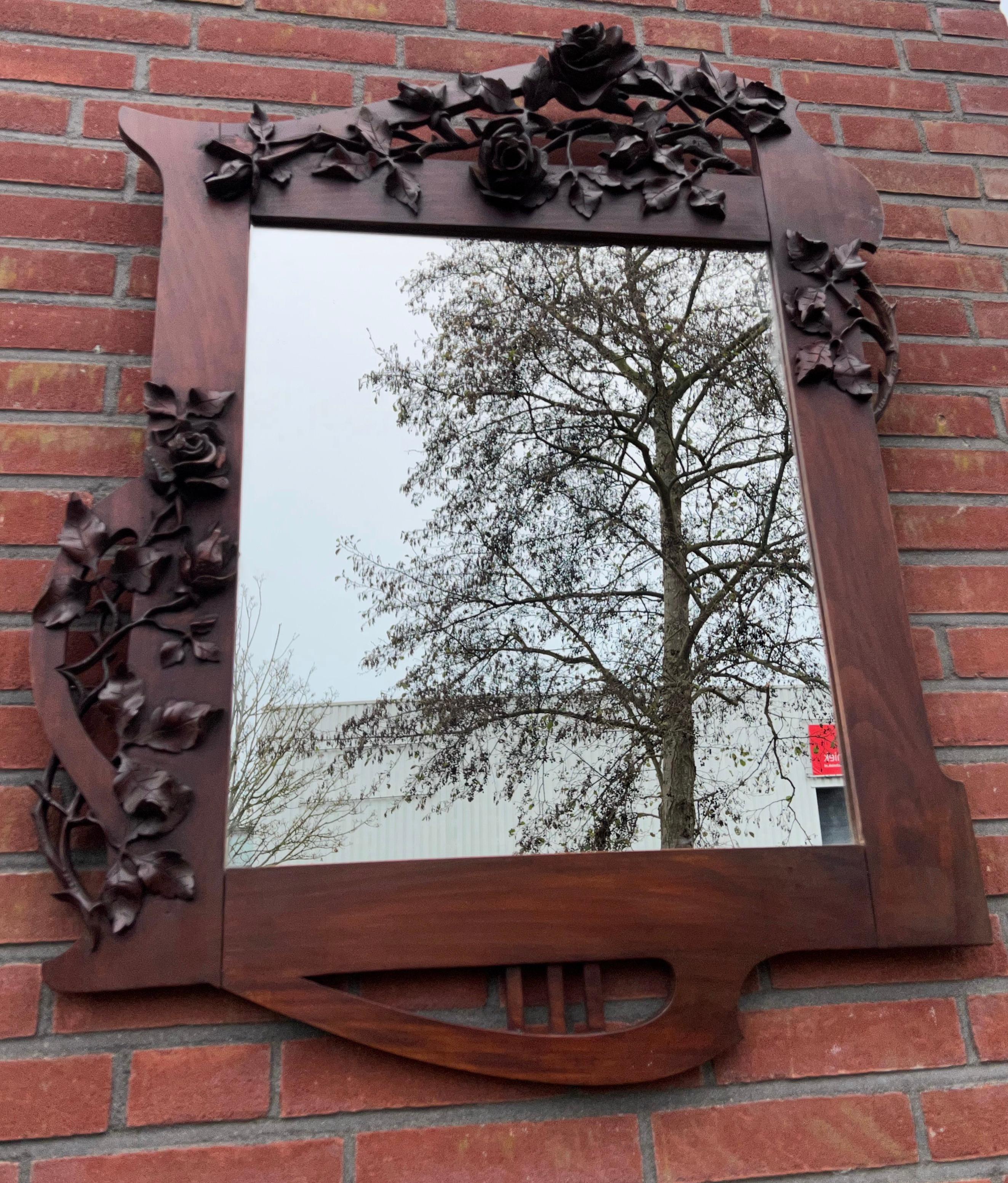 Arts & Crafts Nutwood Wall or Fireplace Mirror with Amazing Hand Carved Roses 12