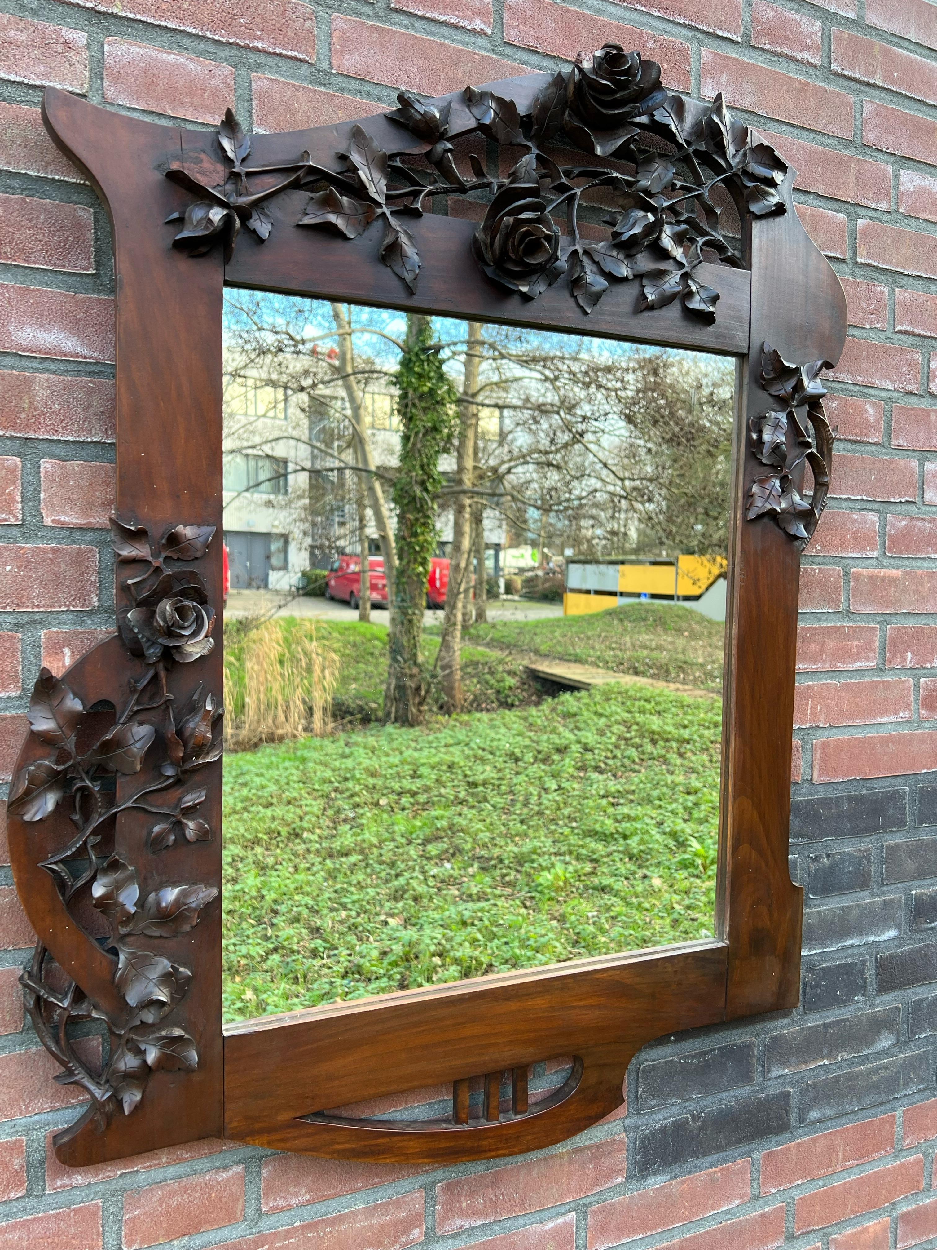 Arts & Crafts Nutwood Wall or Fireplace Mirror with Amazing Hand Carved Roses 13