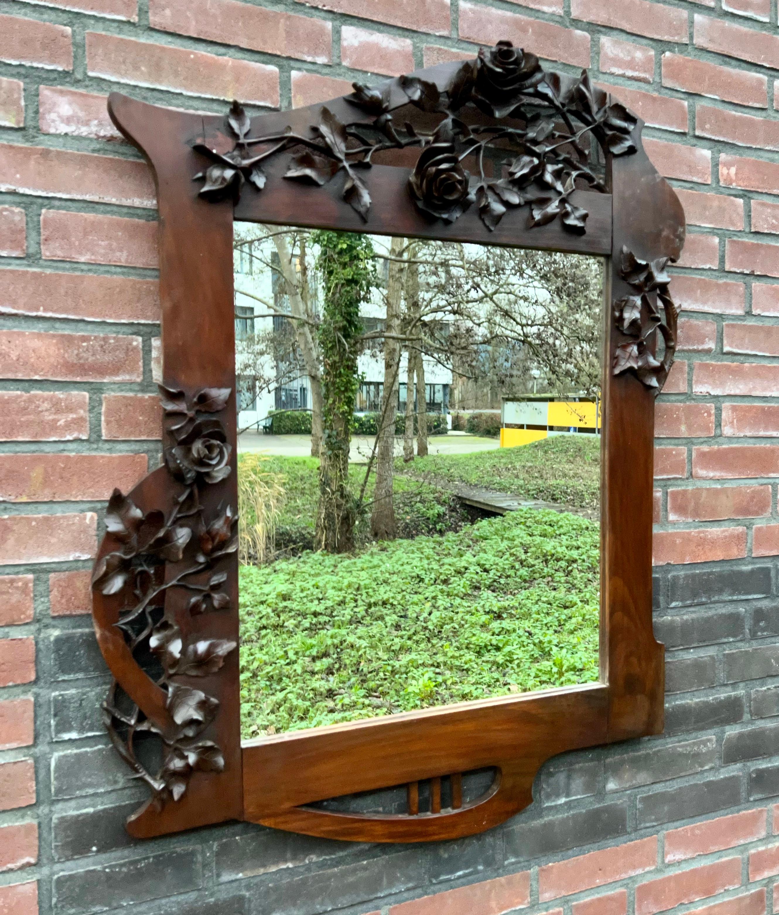Hand-Carved Arts & Crafts Nutwood Wall or Fireplace Mirror with Amazing Hand Carved Roses