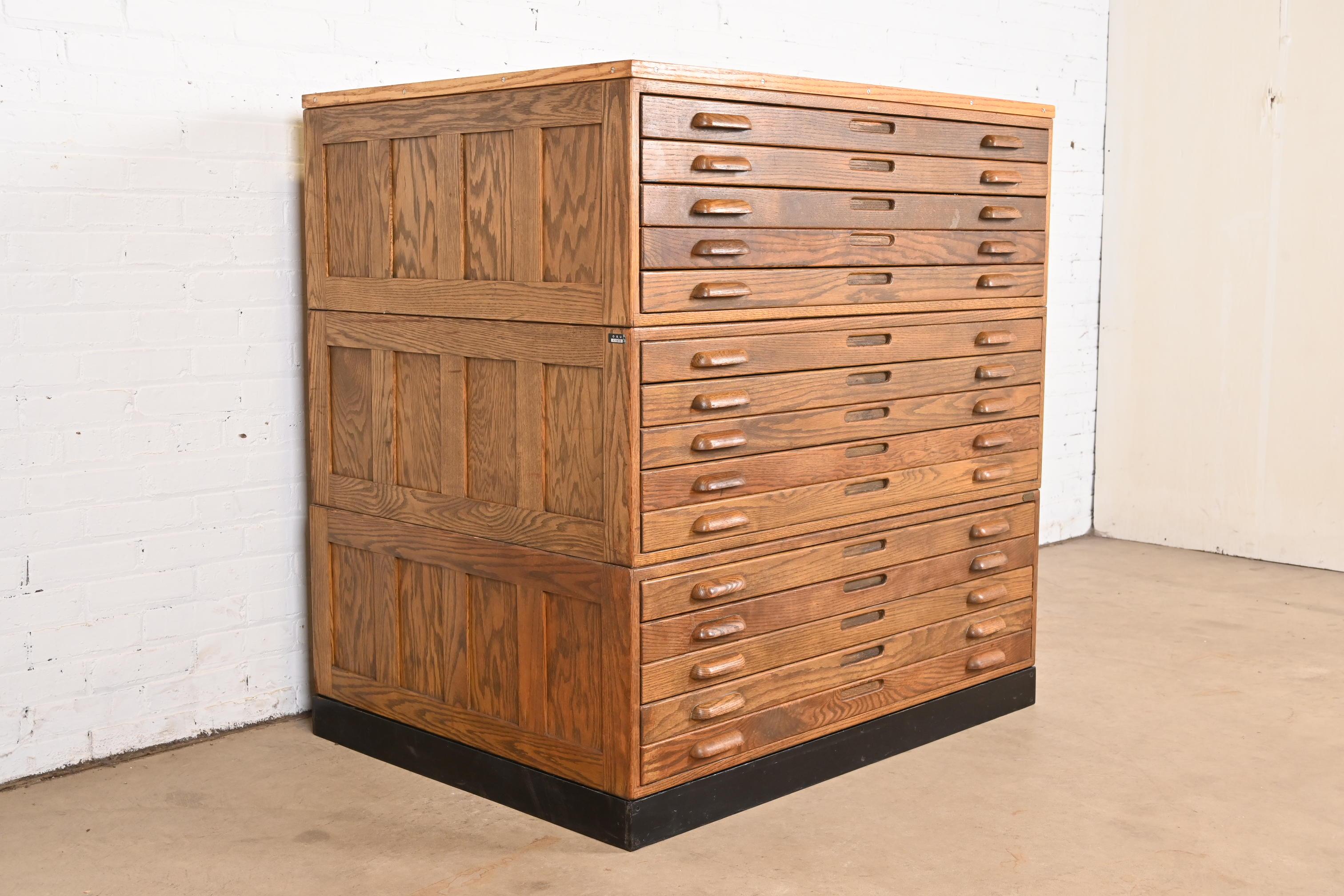 Arts and Crafts Arts & Crafts Oak 15-Drawer Architect's Blueprint Flat File Cabinet by Hamilton