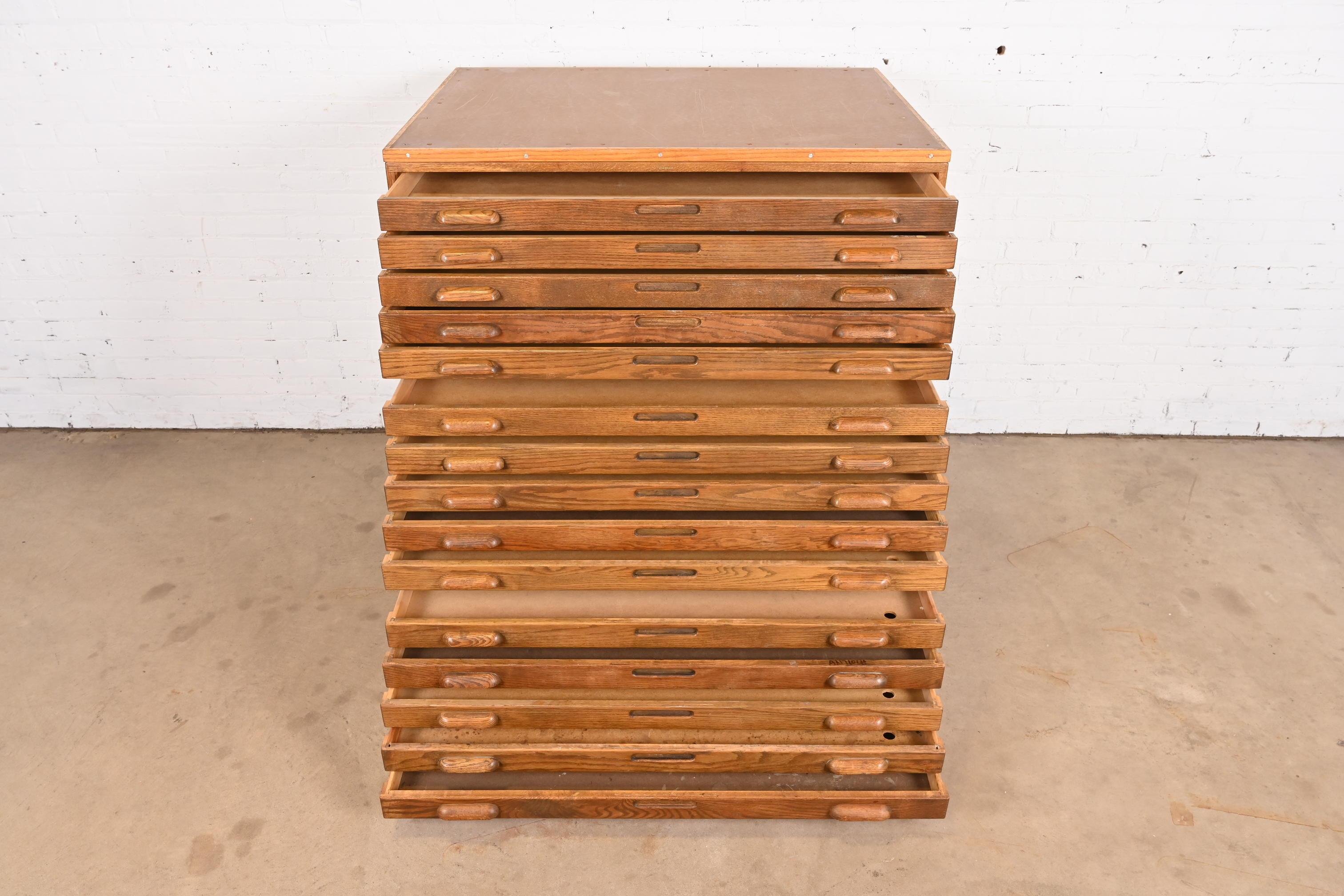 American Arts & Crafts Oak 15-Drawer Architect's Blueprint Flat File Cabinet by Hamilton