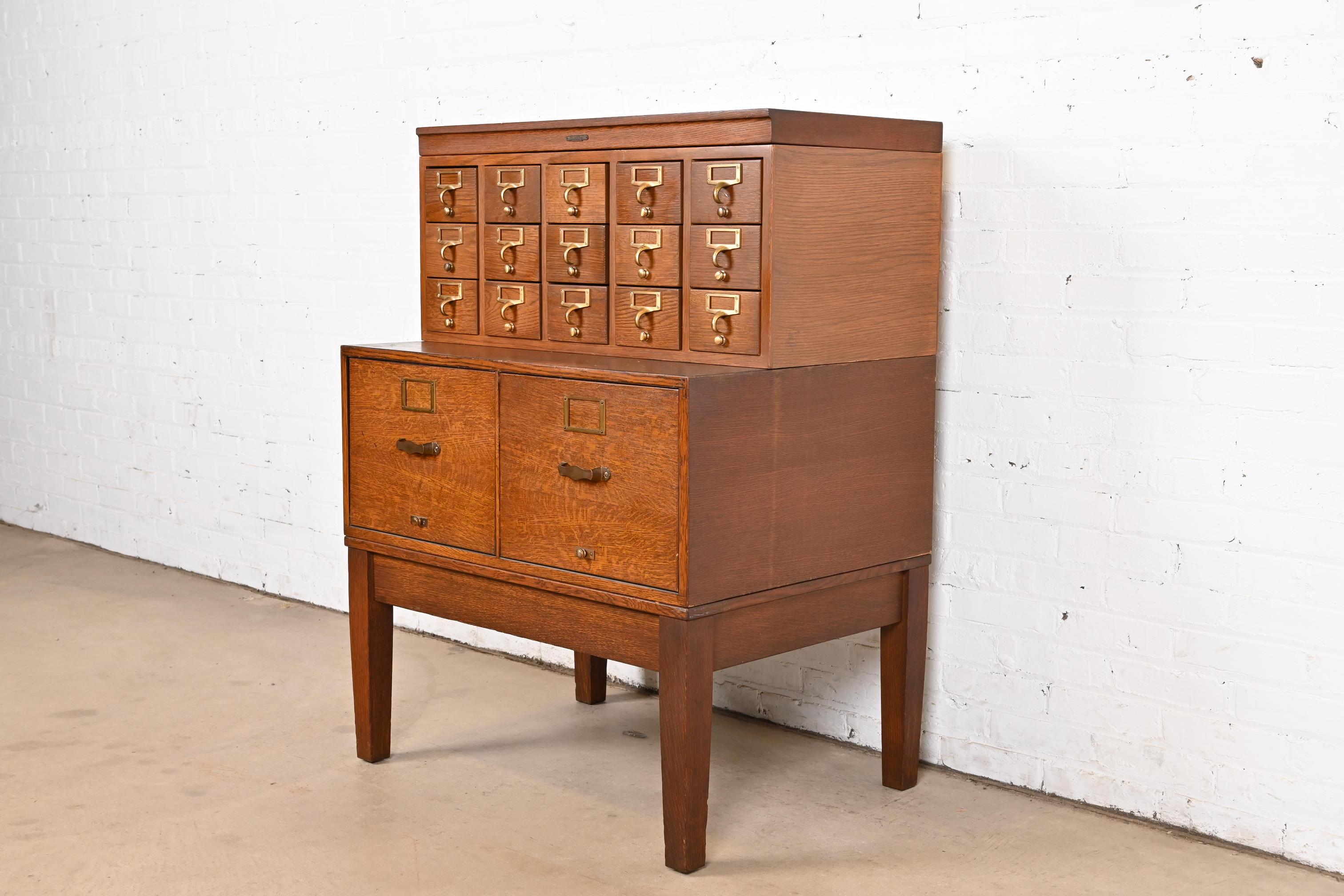 American Arts & Crafts Oak 17-Drawer Card Catalog Filing Cabinet by Remington Rand