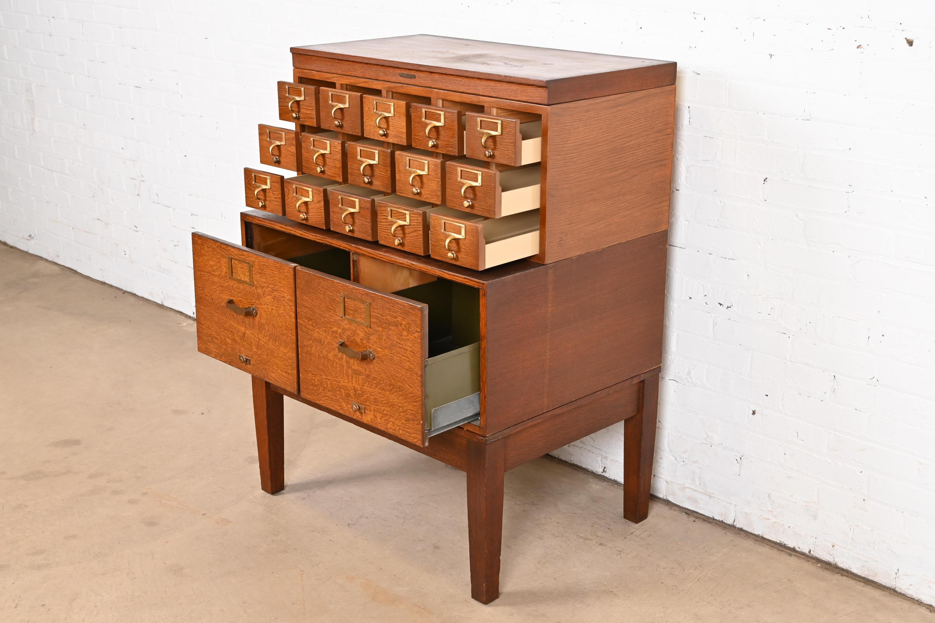 Brass Arts & Crafts Oak 17-Drawer Card Catalog Filing Cabinet by Remington Rand