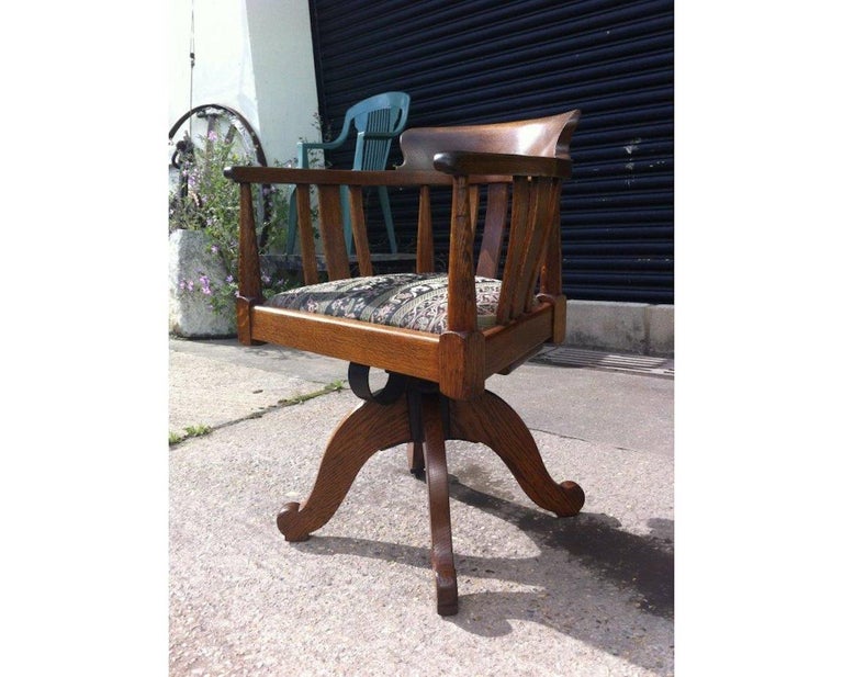 Arts and Crafts Oak Adjustable Height Swivel Office Chair, Industrial