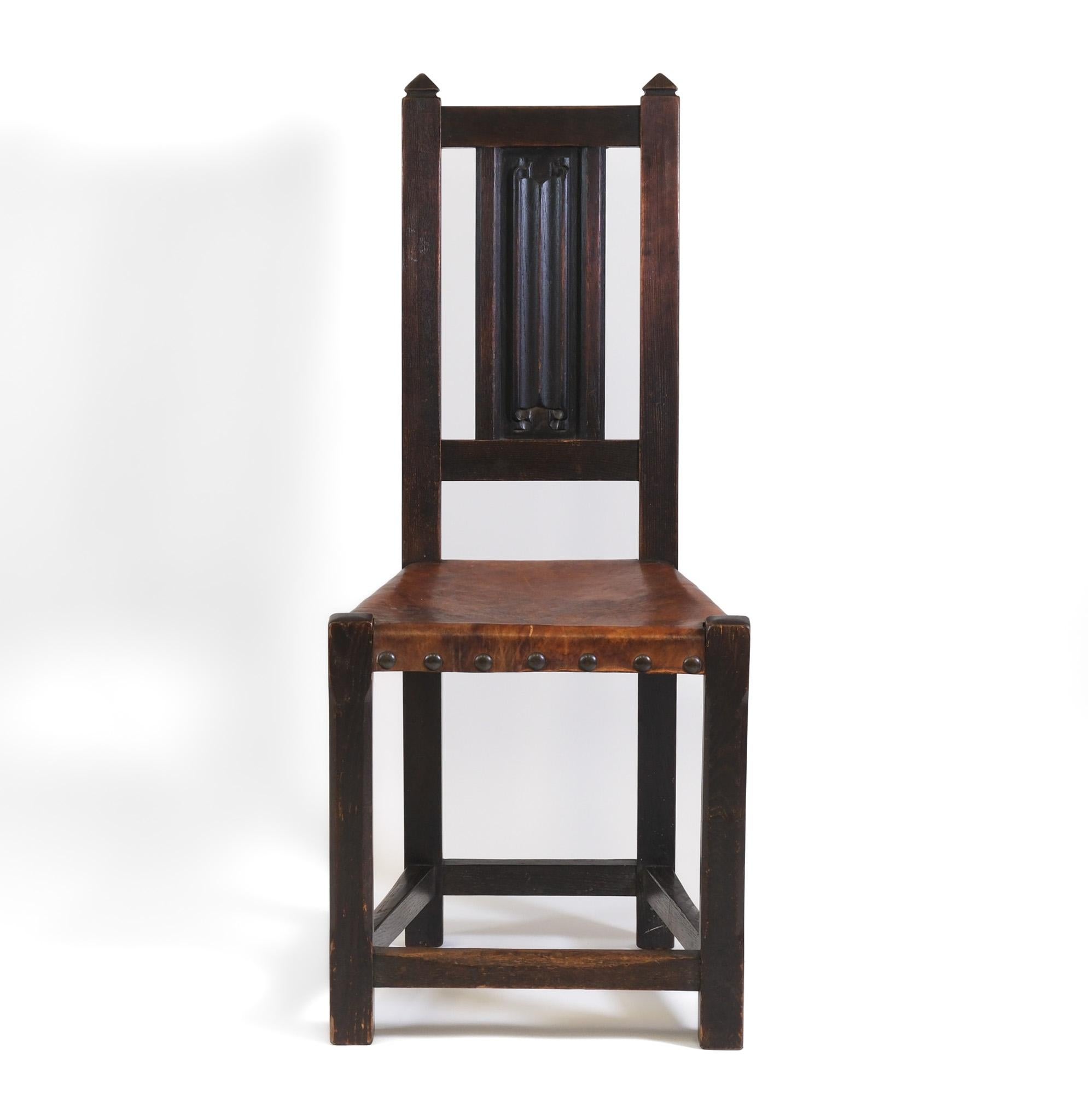 Arts & Crafts Oak And Leather Arrow Head Side Chair For Sale 6