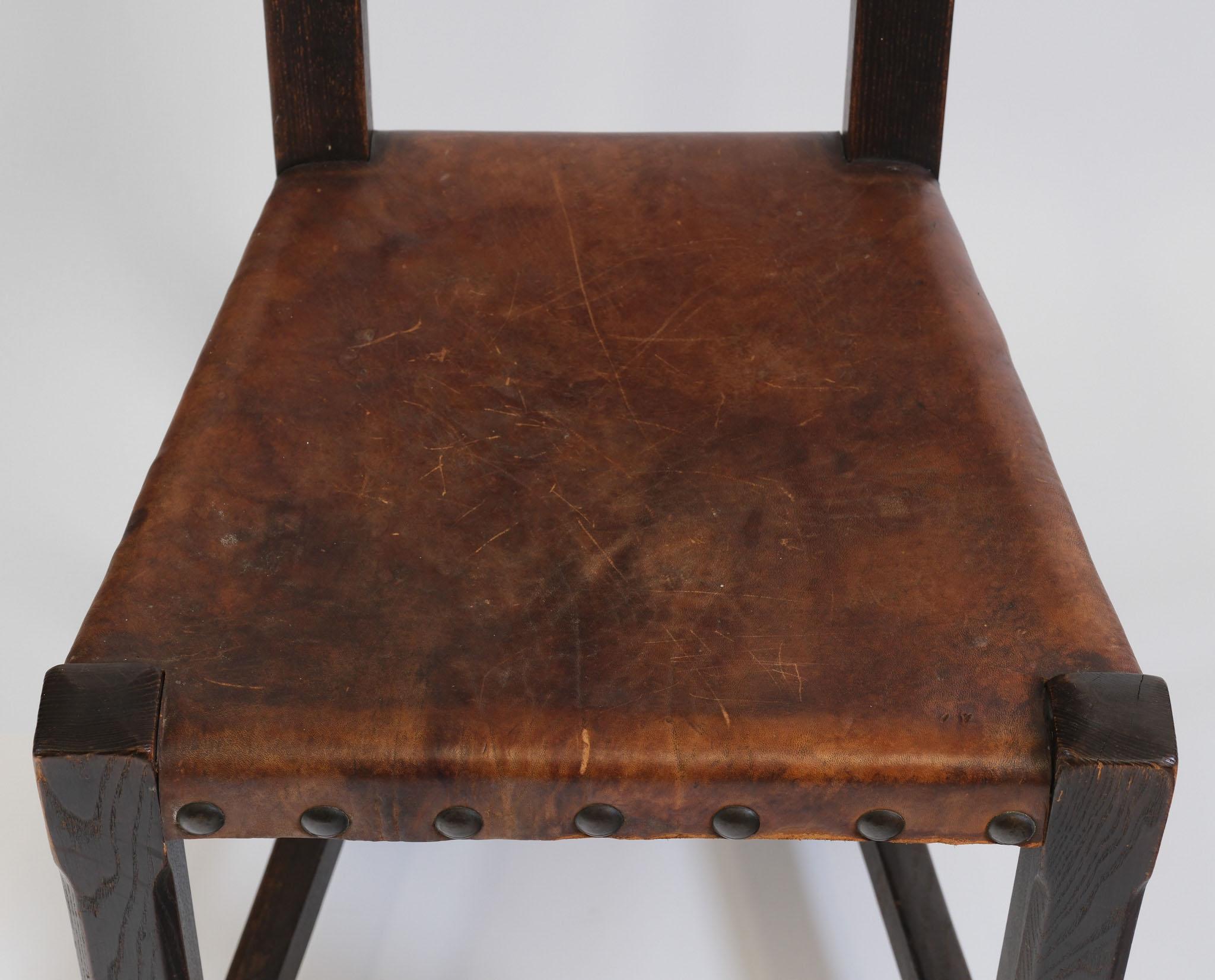 English Arts & Crafts Oak And Leather Arrow Head Side Chair For Sale