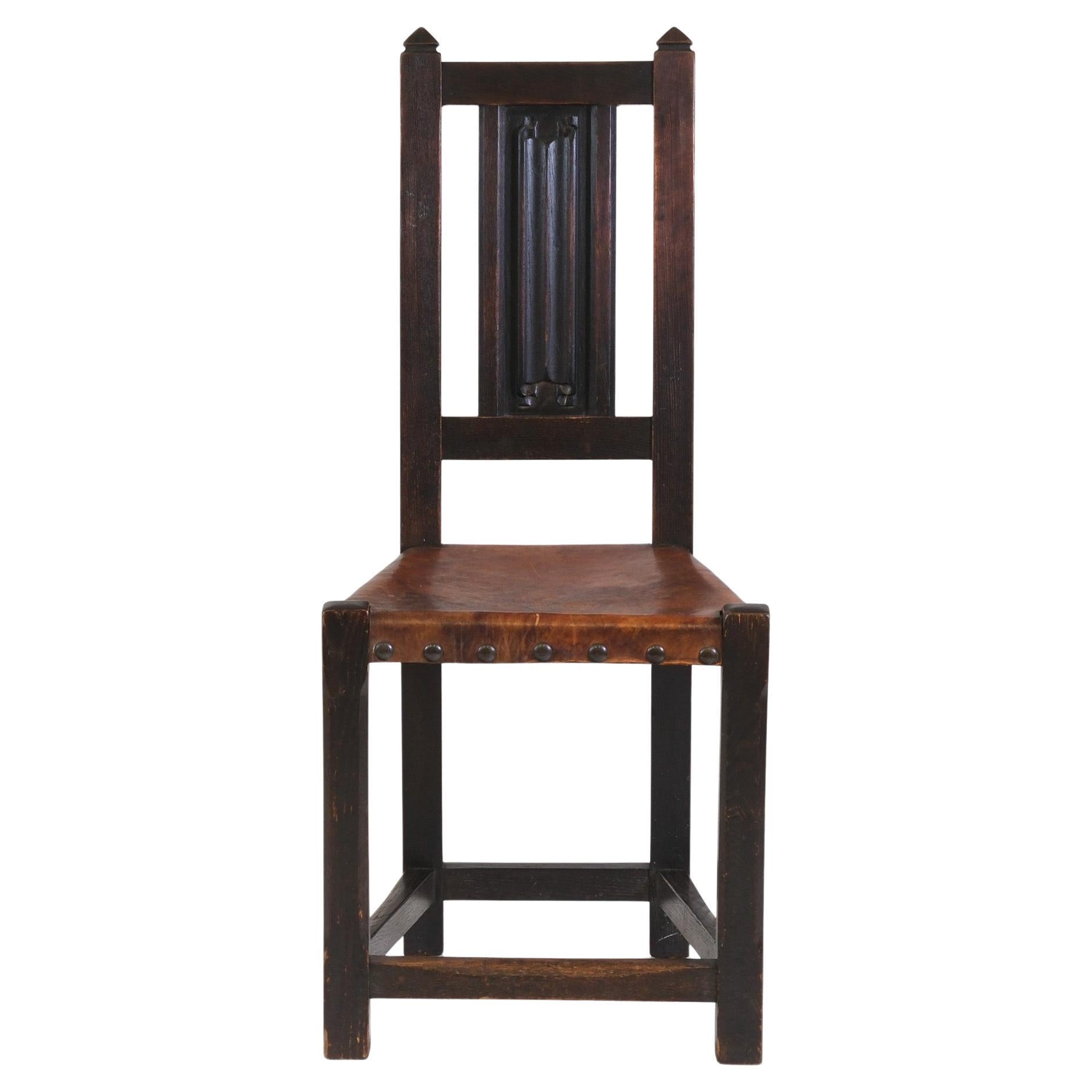 Arts & Crafts Oak And Leather Arrow Head Side Chair For Sale