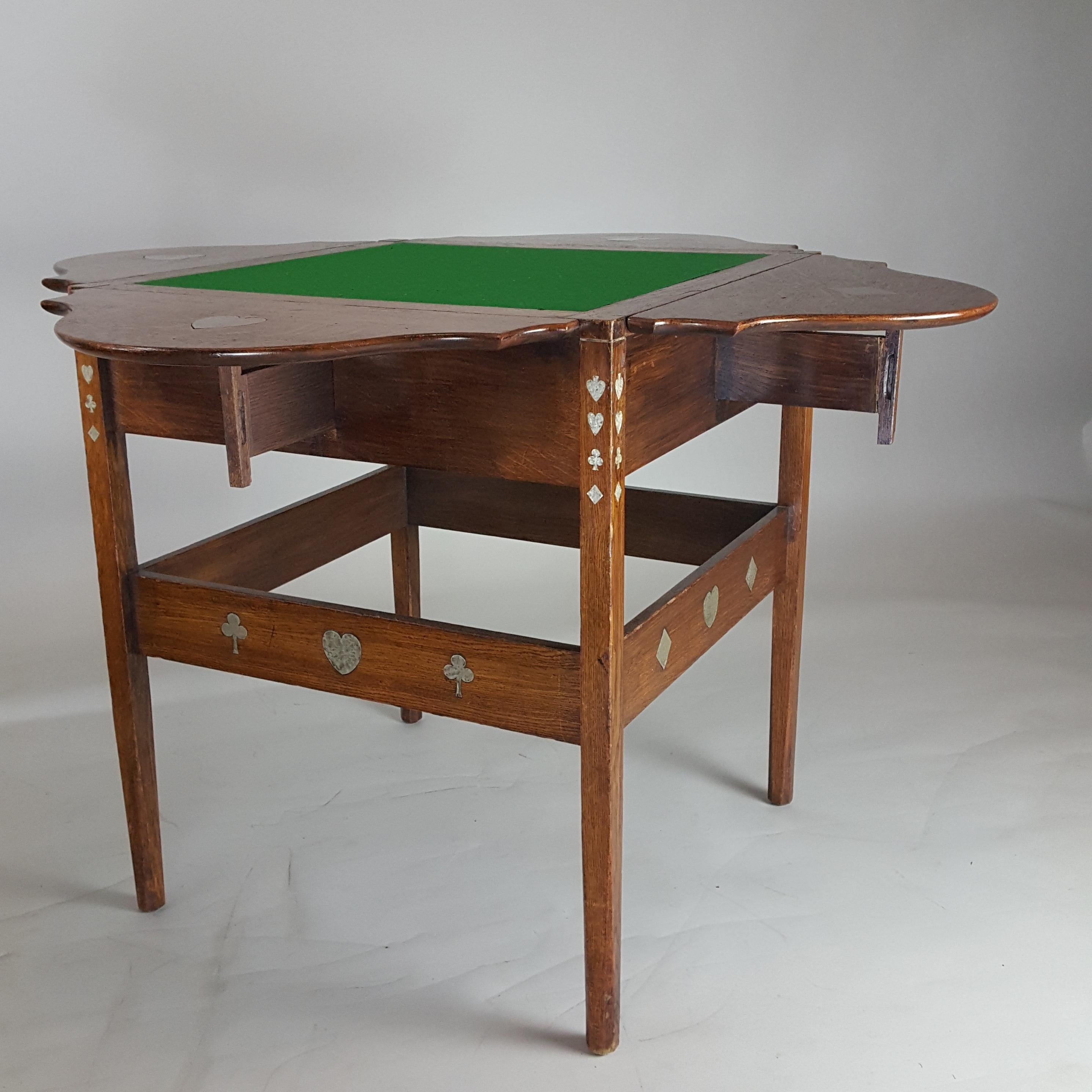 Rare Arts & Crafts Movement oak and pewter inlaid card table the design attributed to architect C.F.A. Voysey. This table relates to 3 known  exaples of Voysey attributed card tables produced by the London wholesalers J.S. Henry.( 2 examples in