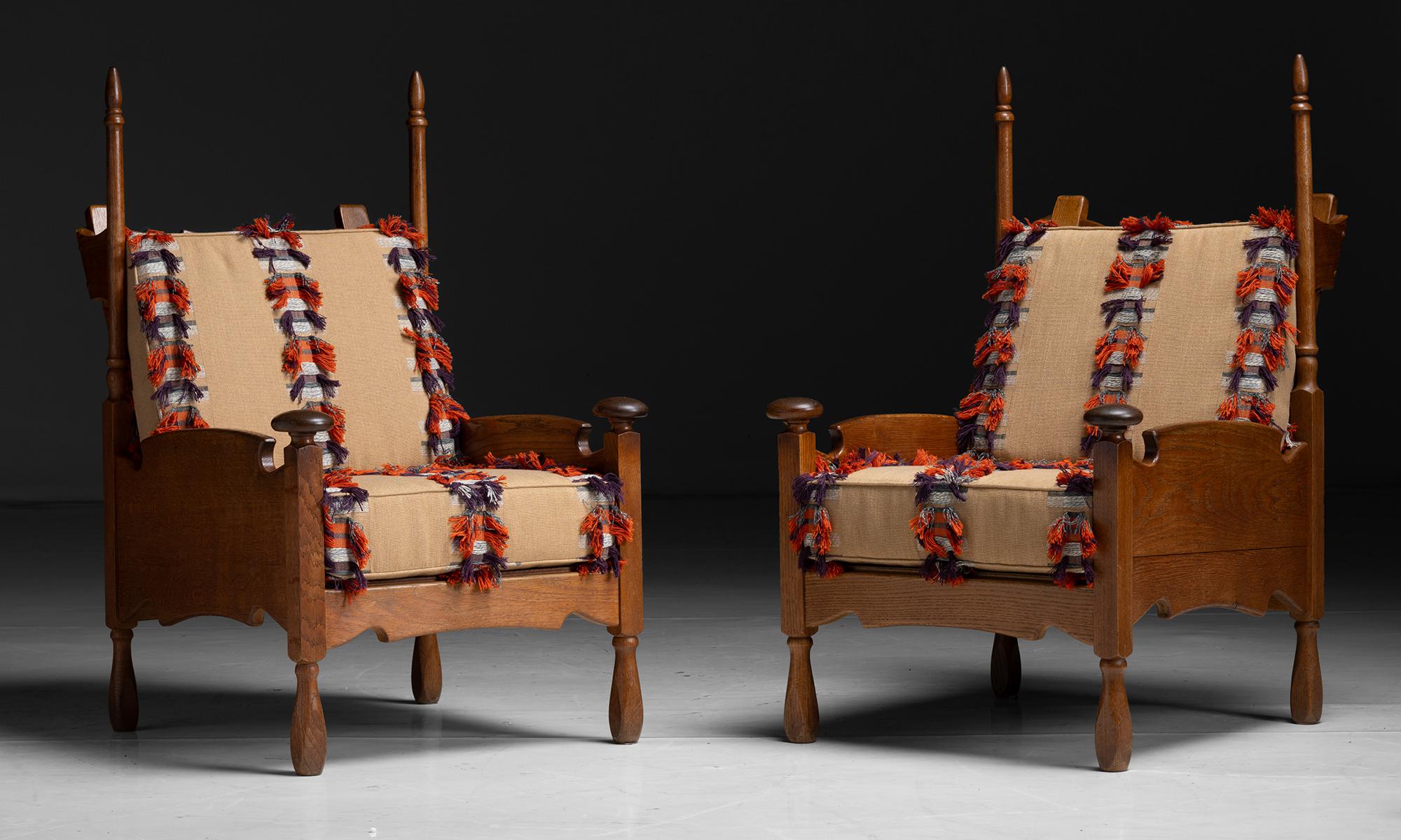 Arts & Crafts Oak Armchairs

France circa 1910

Newly upholstered in Pierre Frey fringe.

Measures 27”w x 33”d x 43.5”h x 17”seat