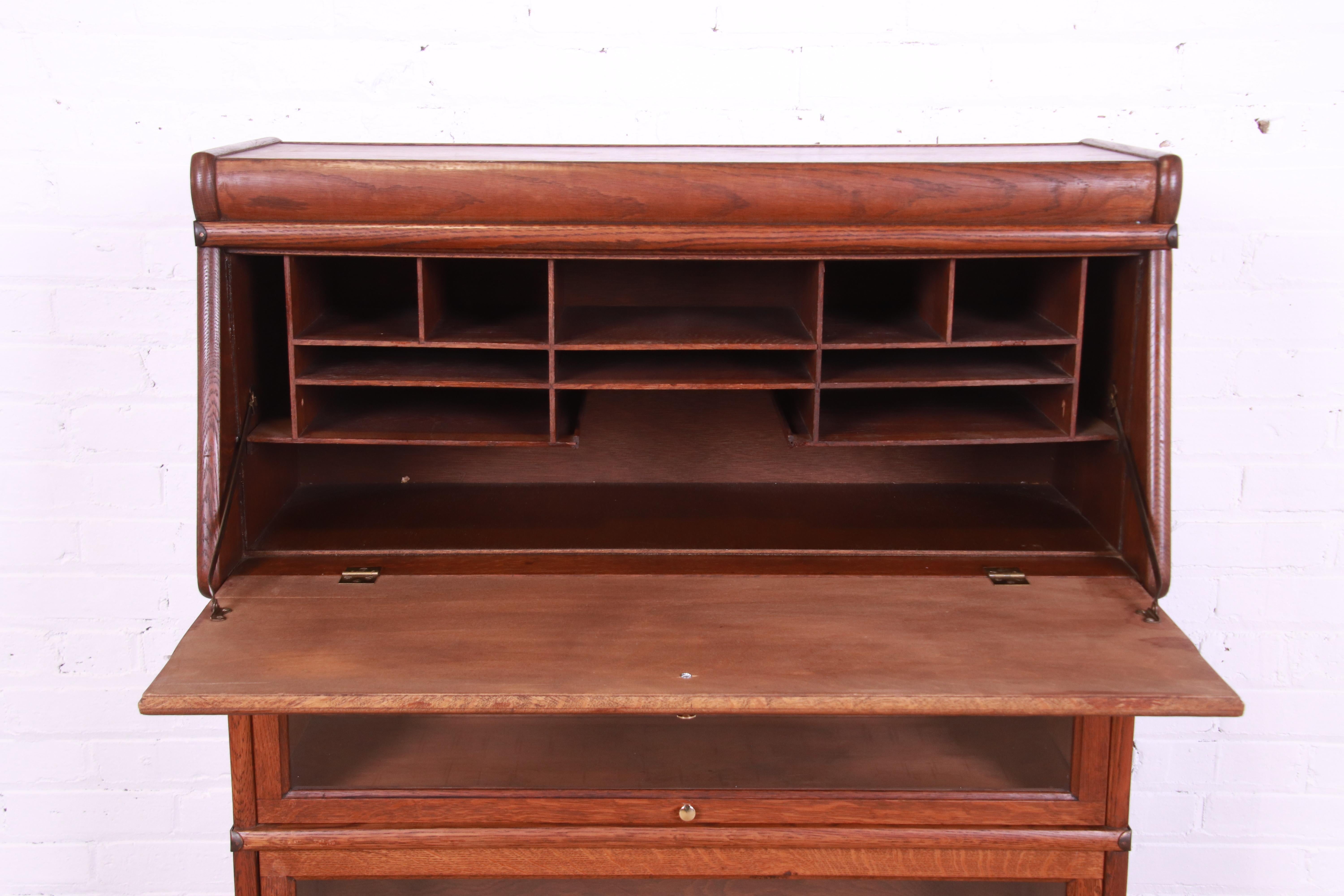 Arts & Crafts Oak Barrister Bookcase with Drop Front Secretary Desk, circa 1920s For Sale 2