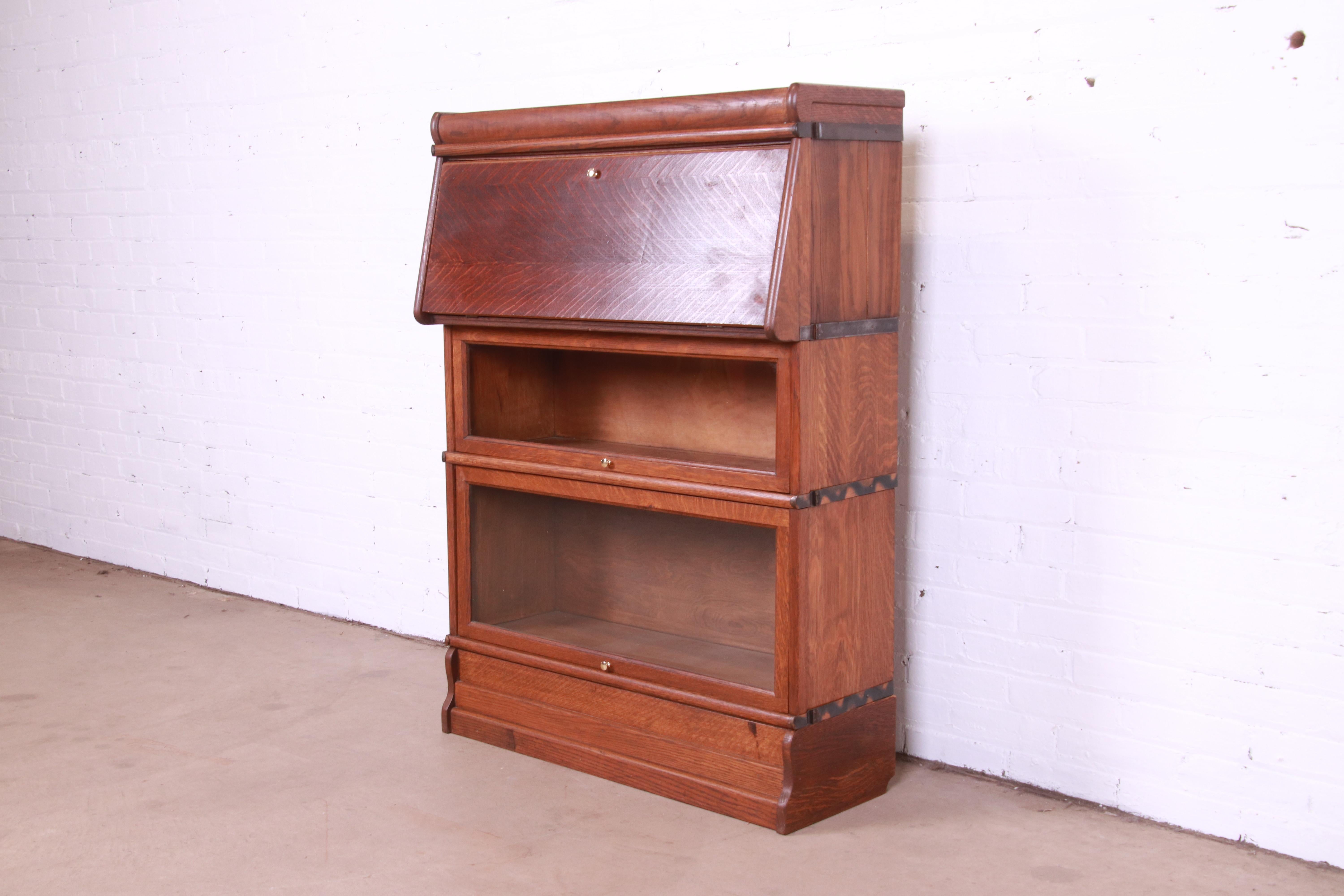 American Arts & Crafts Oak Barrister Bookcase with Drop Front Secretary Desk, circa 1920s