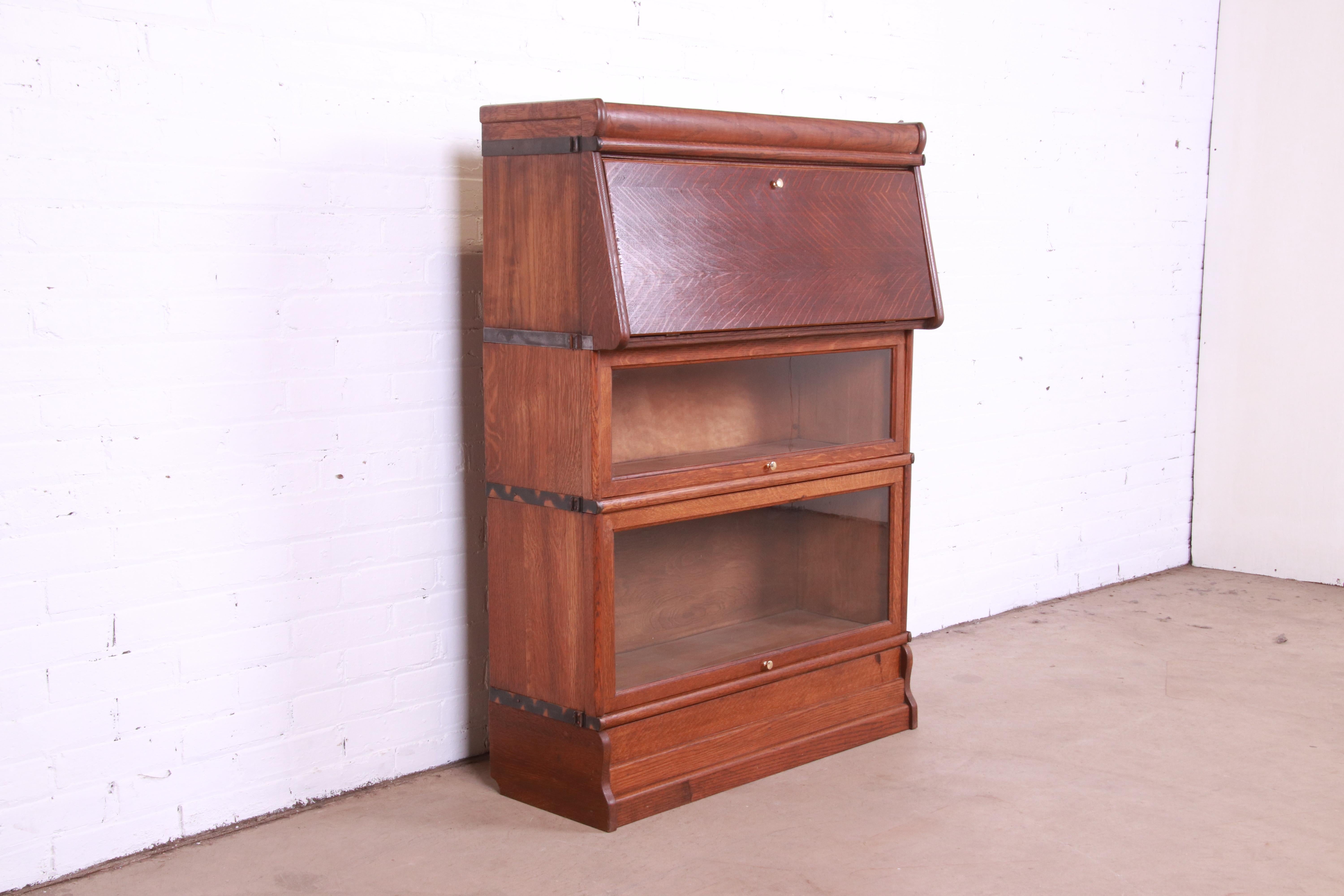 Early 20th Century Arts & Crafts Oak Barrister Bookcase with Drop Front Secretary Desk, circa 1920s For Sale