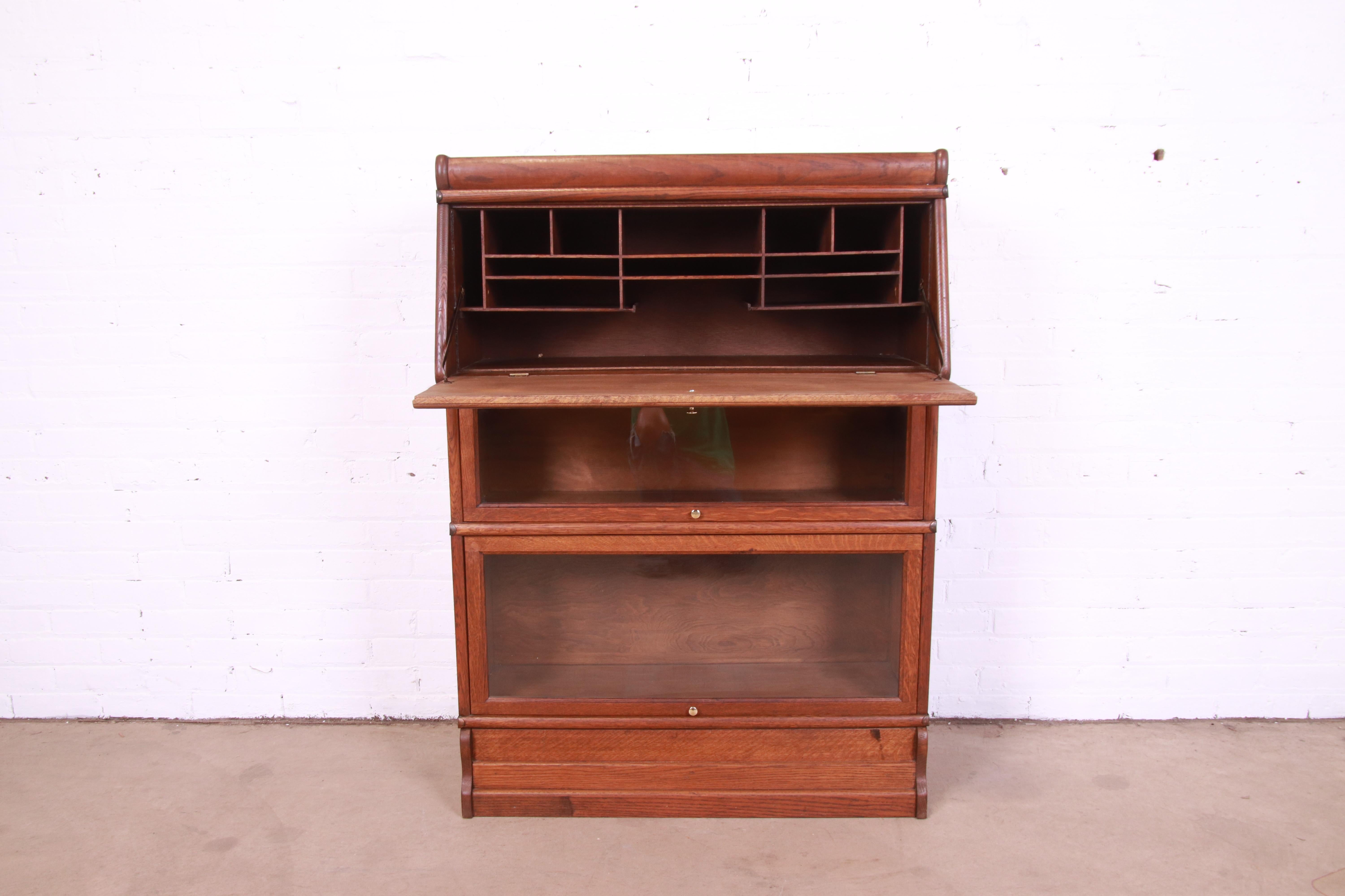 Brass Arts & Crafts Oak Barrister Bookcase with Drop Front Secretary Desk, circa 1920s