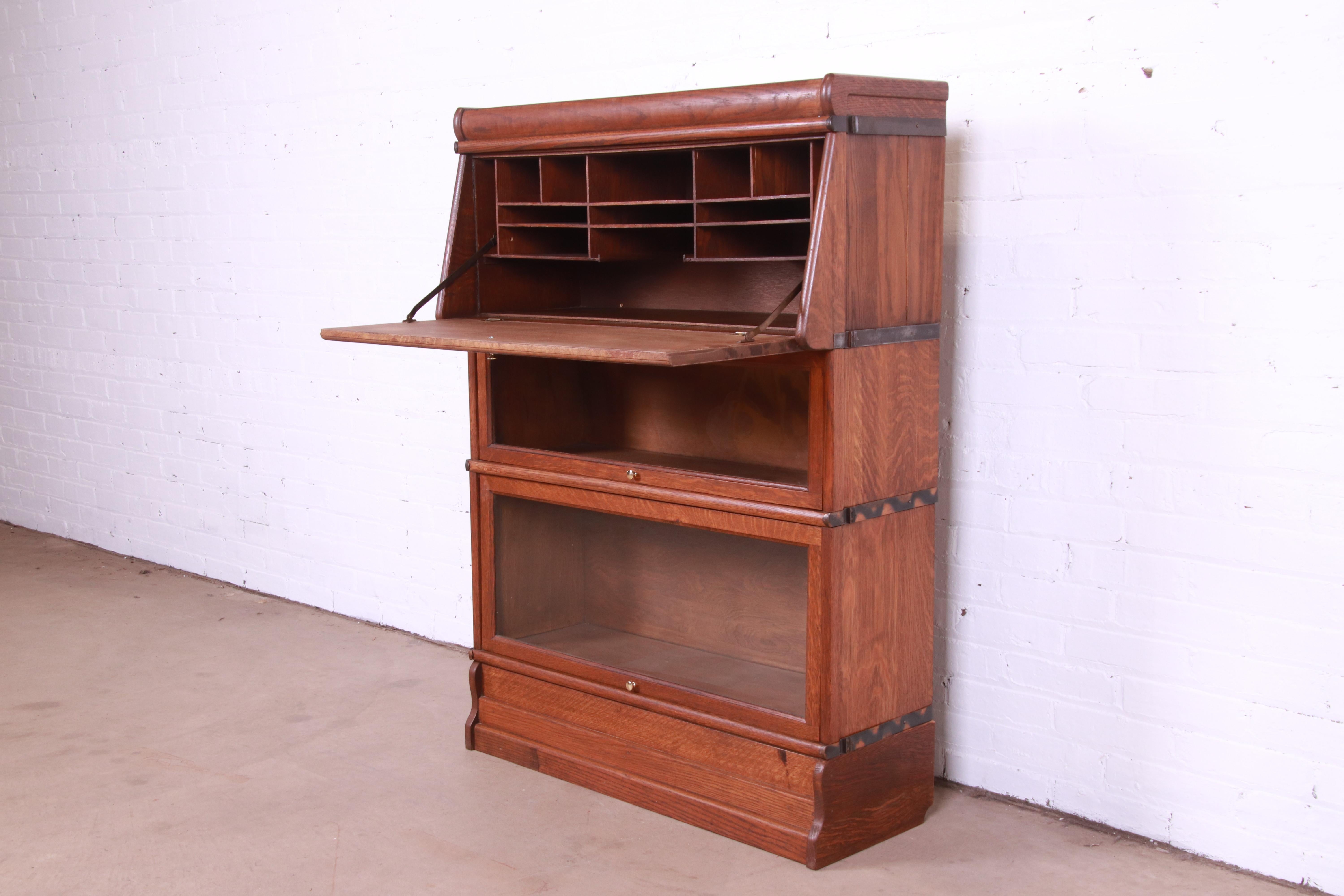 Arts & Crafts Oak Barrister Bookcase with Drop Front Secretary Desk, circa 1920s For Sale 1