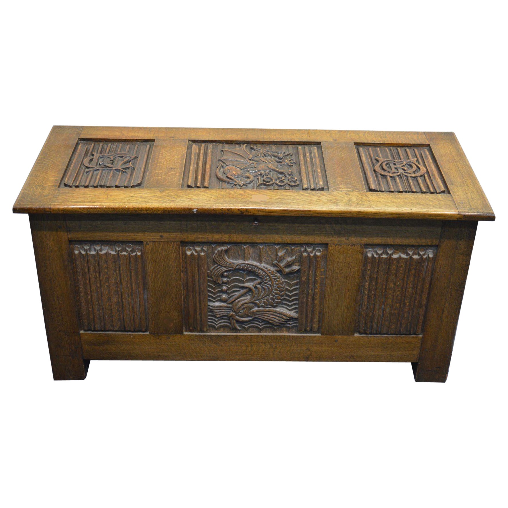 Arts 
Crafts Oak Blanket Chest Carved with King Neptune King Fish of the Sea