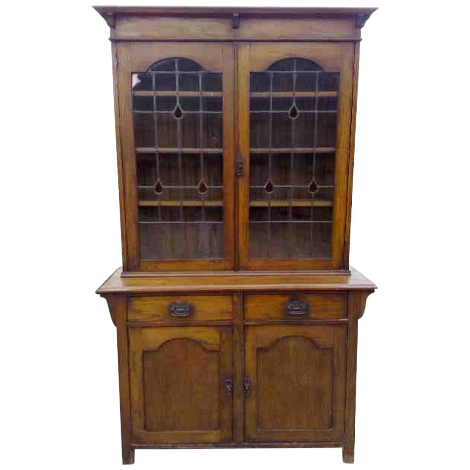 Arts & Crafts Oak Bookcase with Teardrop Stain Glass, Drawers and Lower Cupboard For Sale