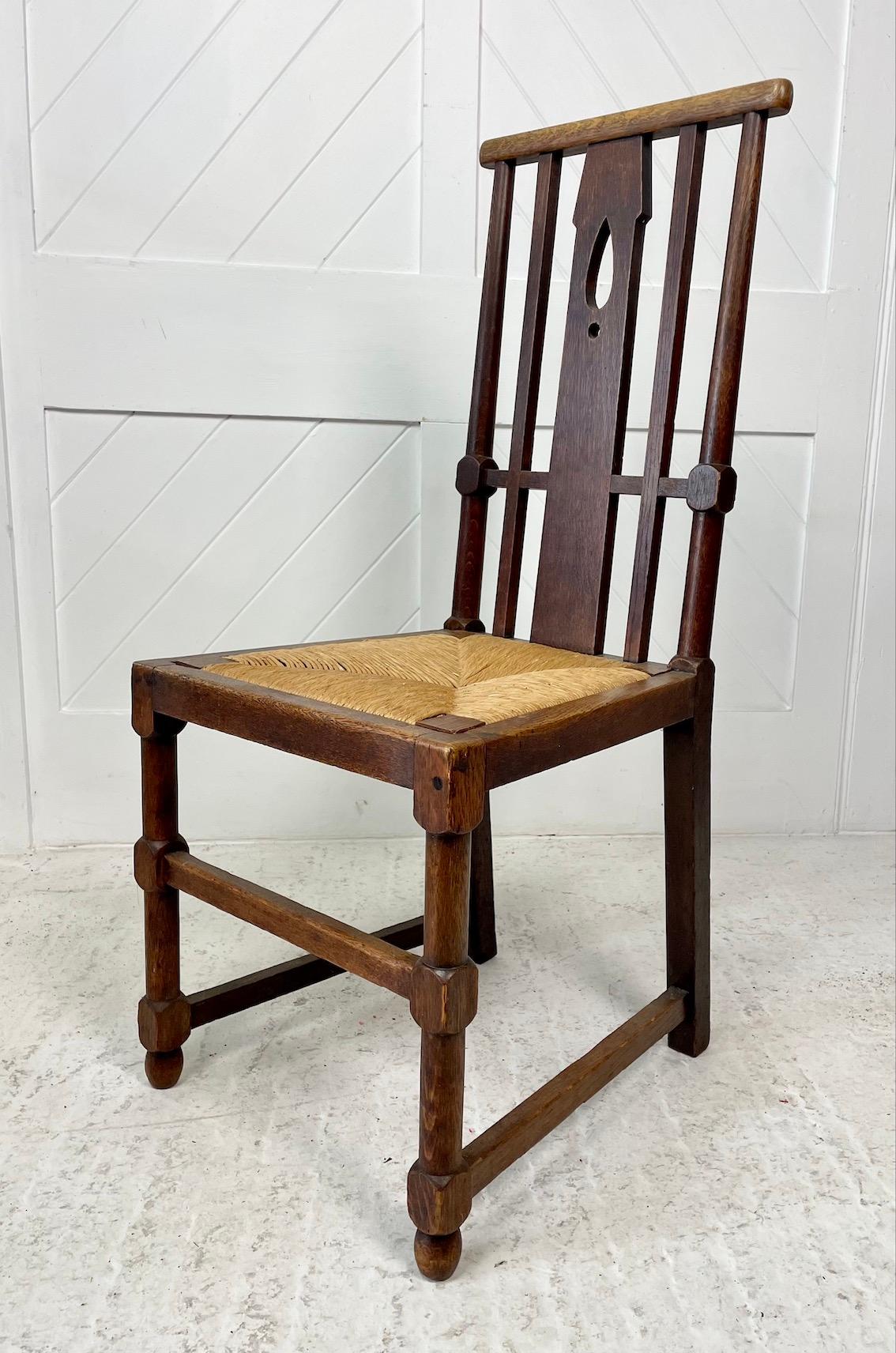 English Arts & Crafts Oak Chair With Rush Seat For Sale