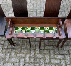 Arts & Crafts Oak Coat Rack w Majolica Glazed Tulip Flower Tiles & Bronze Hooks