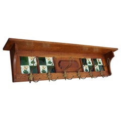 Vintage Arts & Crafts Oak Coat Rack with Majolica Glazed Lily Flower Tiles & Brass Hooks