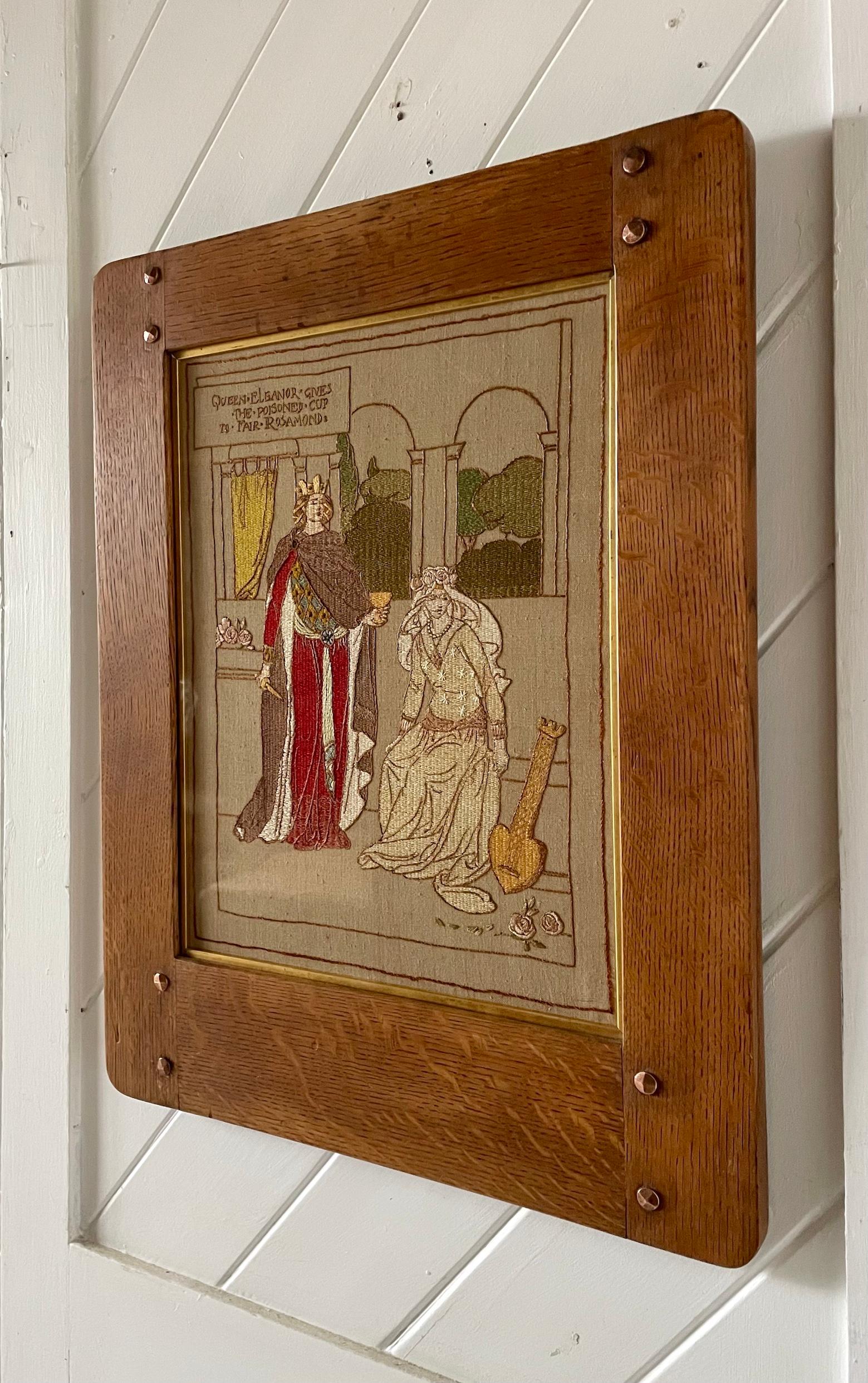 Arts & Crafts Oak Gerahmte Stickerei (Englisch) im Angebot