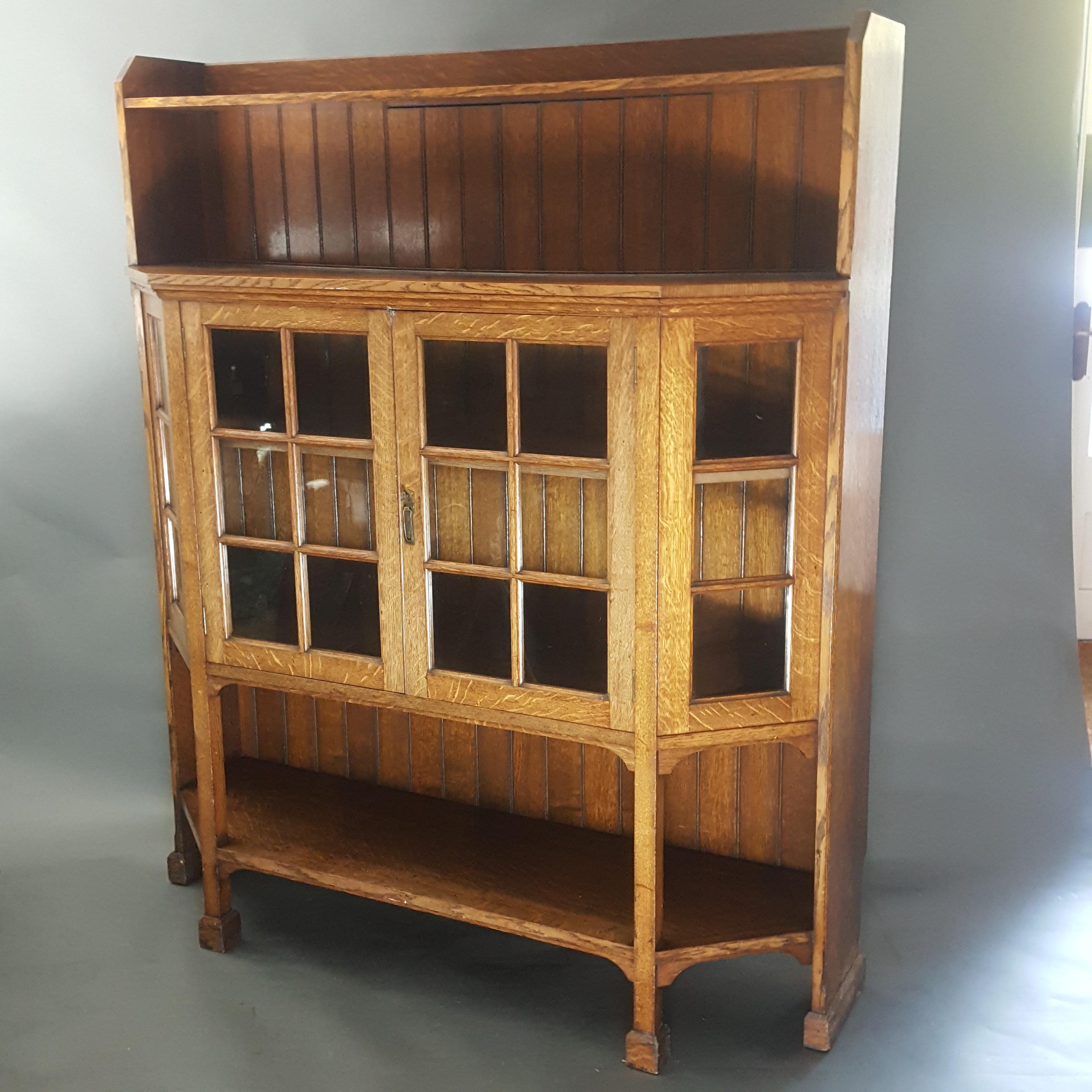 British Arts & Crafts oak glazed display cabinet bookcase by Morris & Co For Sale