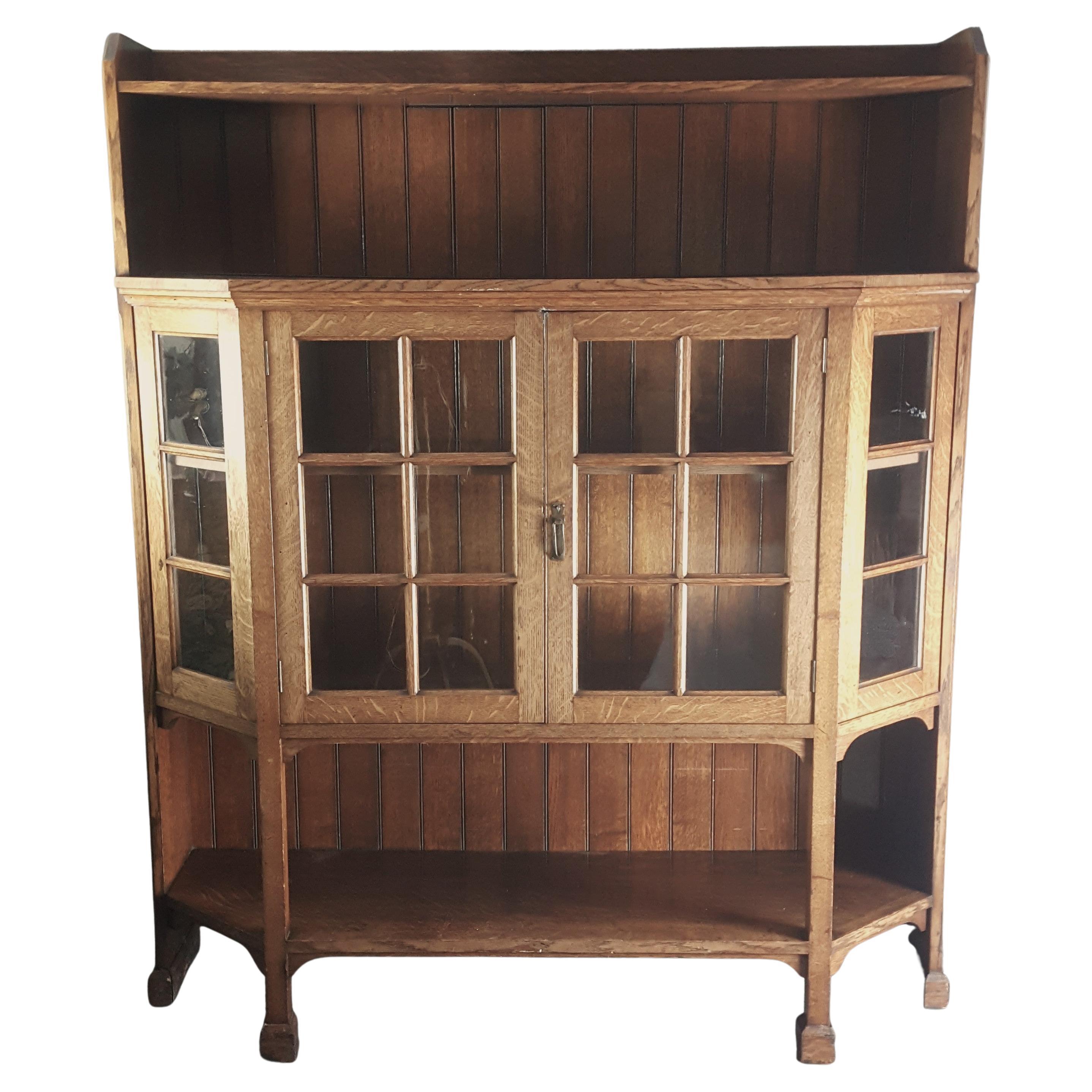 Arts & Crafts oak glazed display cabinet bookcase by Morris & Co