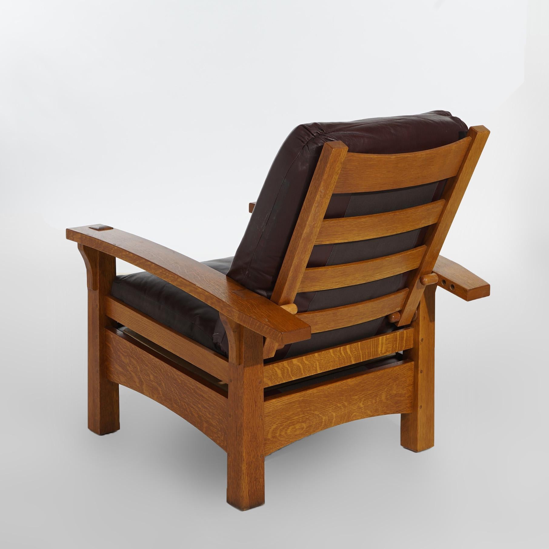 American Arts & Crafts Oak Gustav Stickley Bow Arm Morris Chair With Reverse Tapered Legs