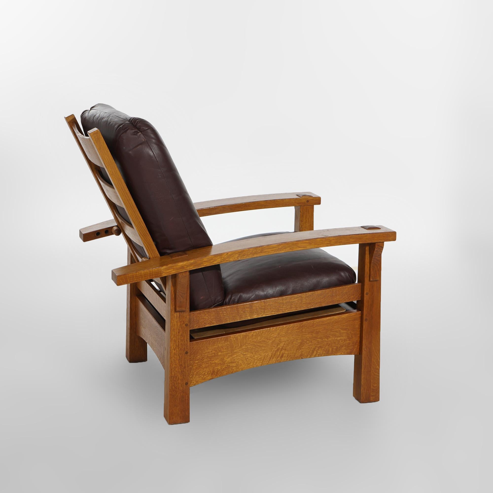 20th Century Arts & Crafts Oak Gustav Stickley Bow Arm Morris Chair With Reverse Tapered Legs