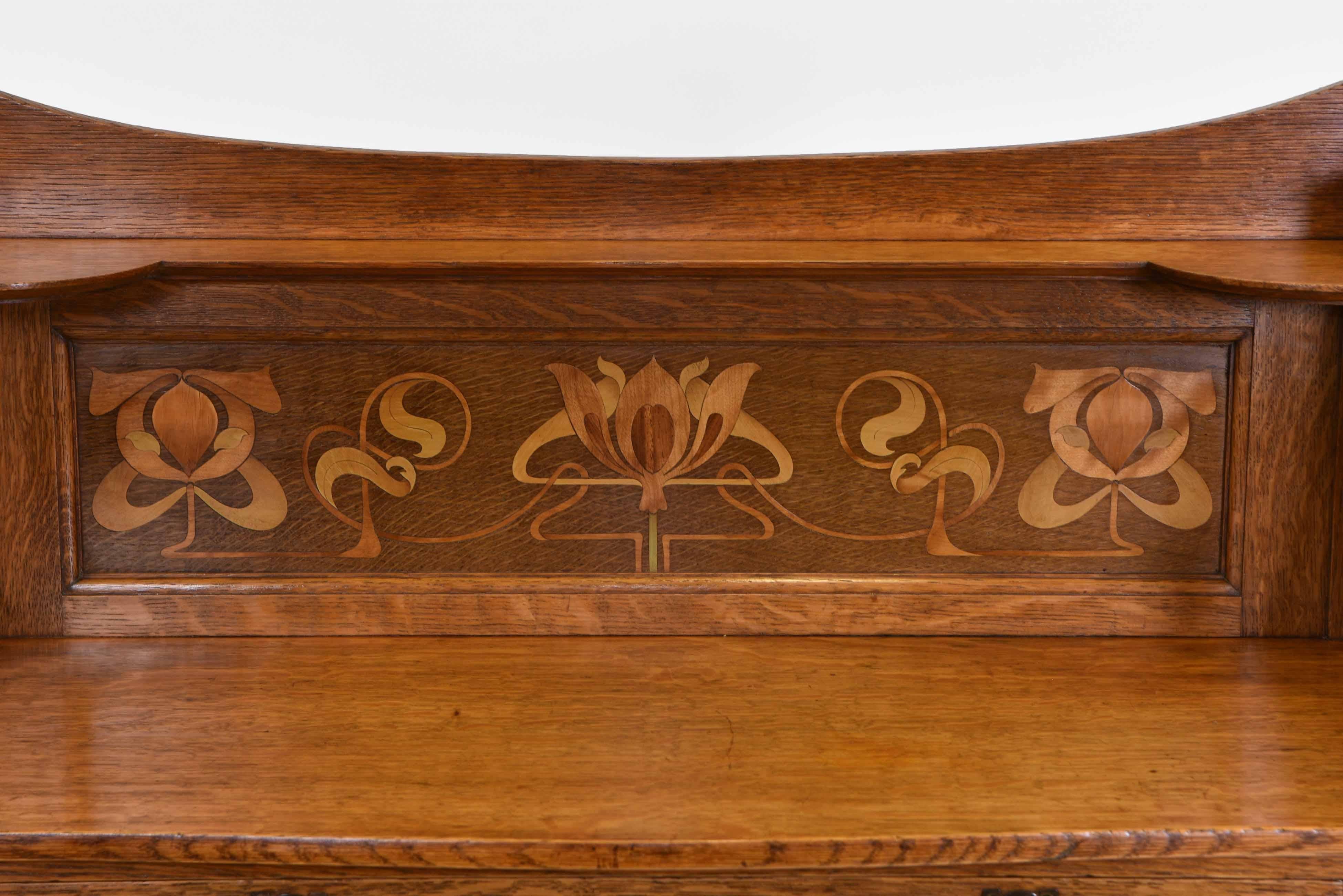 English Arts & Crafts Oak Inlaid Hall Table Art Nouveau