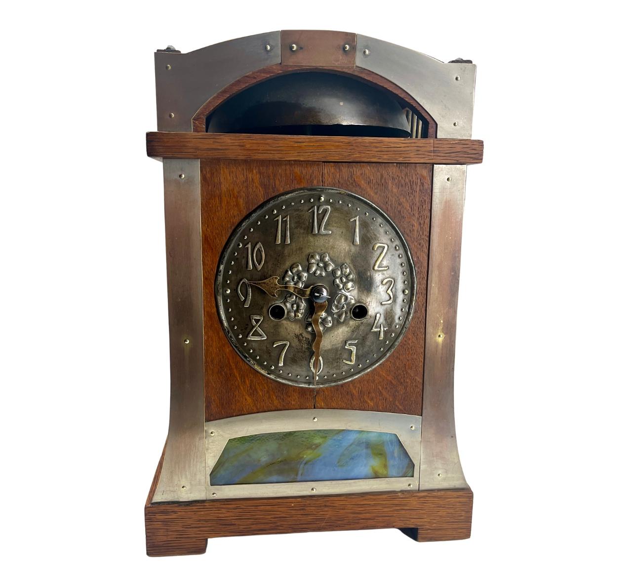 Arts and Crafts Oak Mantel clock with Decorated metal Dial, circa 1930s ...