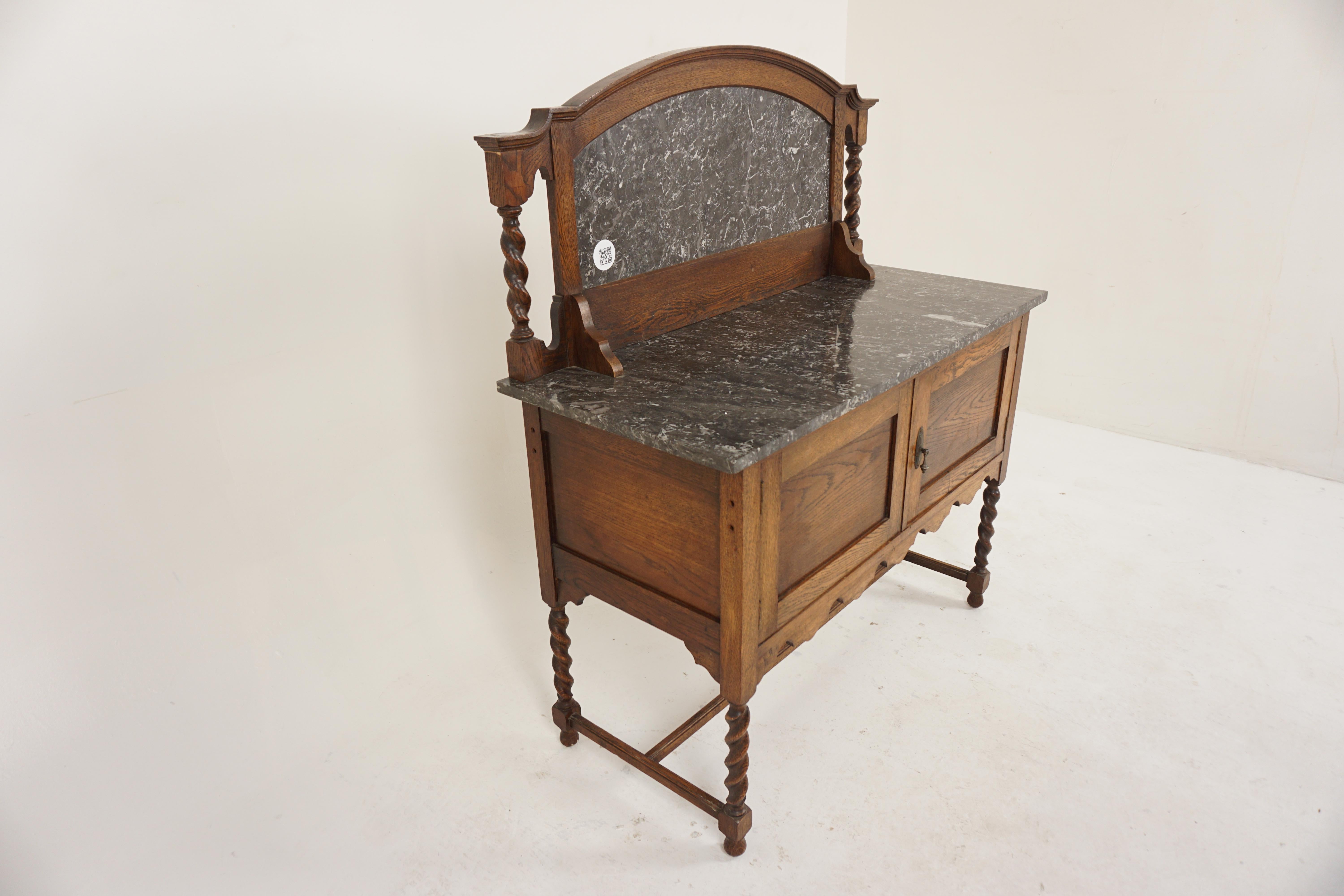 Victorian Arts + Crafts Oak Marble Top Barley Twist Washstand, Scotland 1910, H782