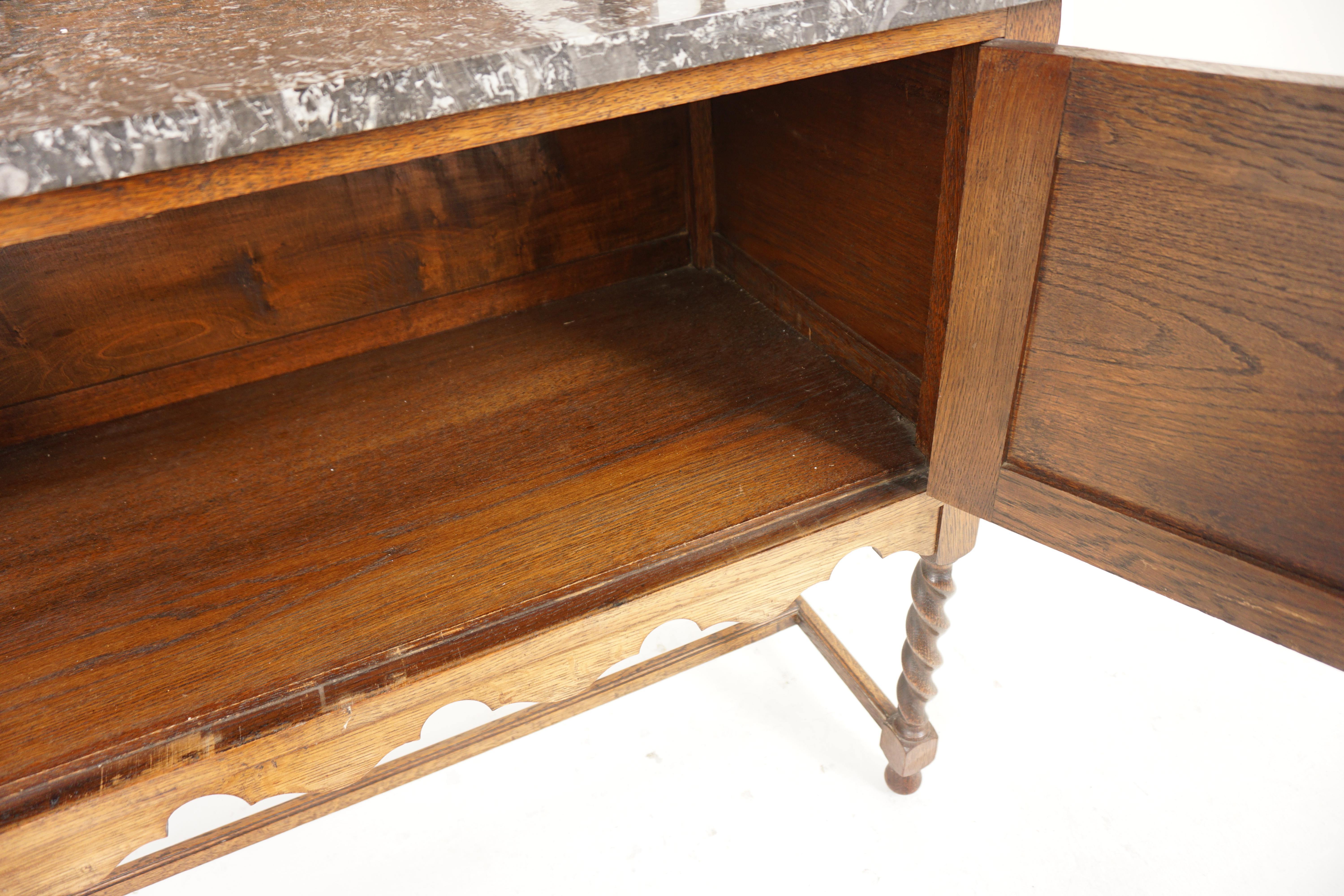 Arts + Crafts Oak Marble Top Barley Twist Washstand, Scotland 1910, H782 In Good Condition In Vancouver, BC