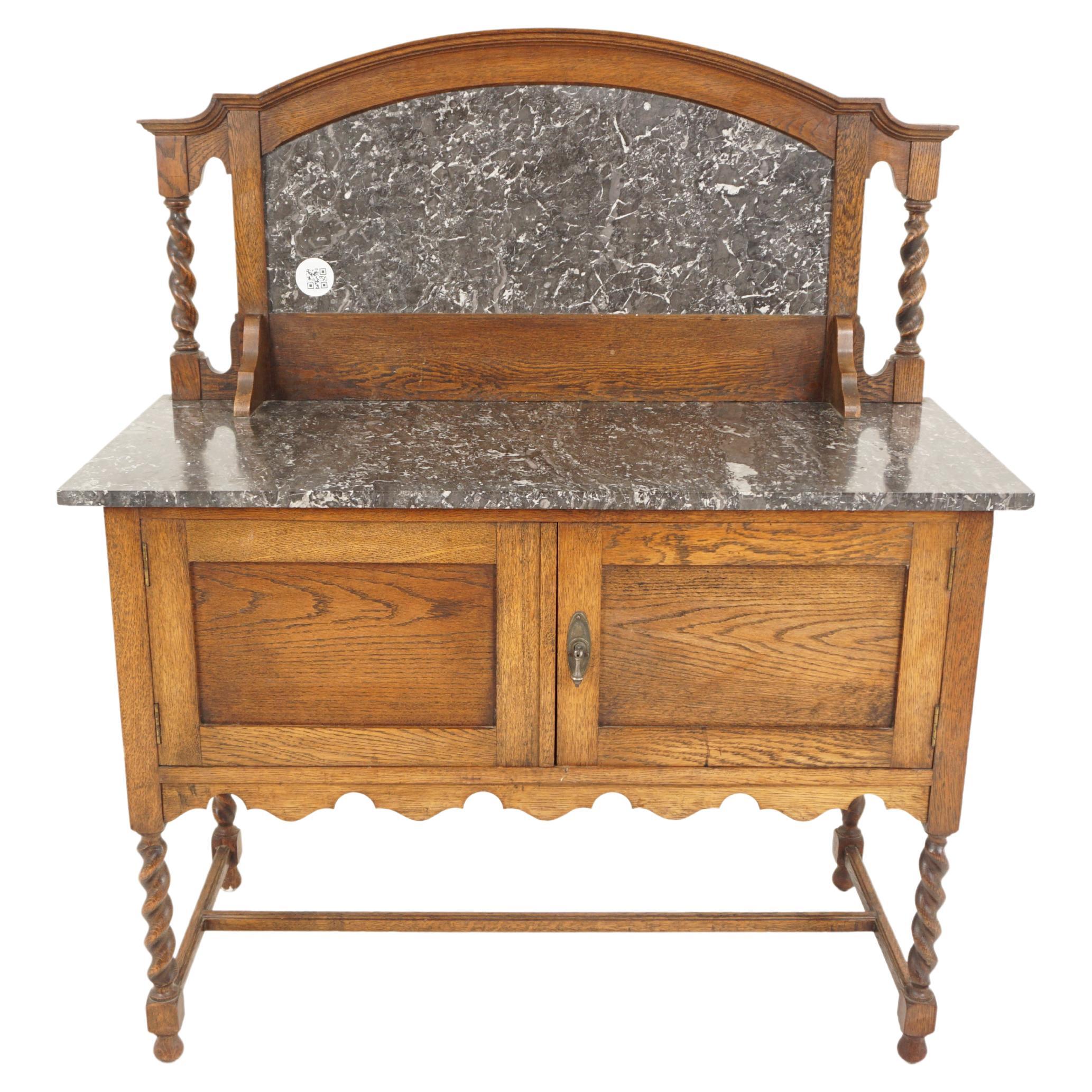 Arts + Crafts Oak Marble Top Barley Twist Washstand, Scotland 1910, H782