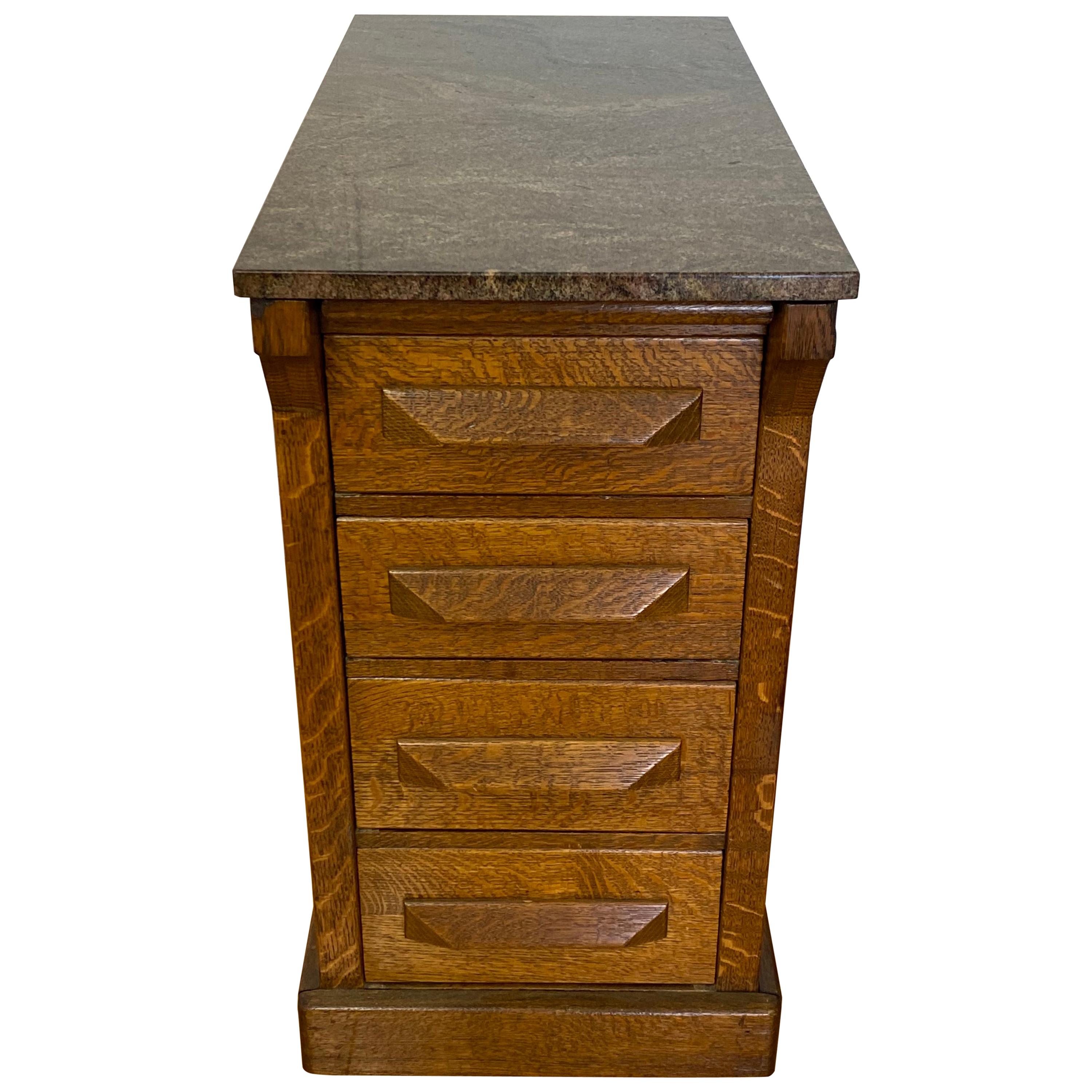 Arts and Crafts Oak and Marble Top Nightstand / End Table, C.1920 at
