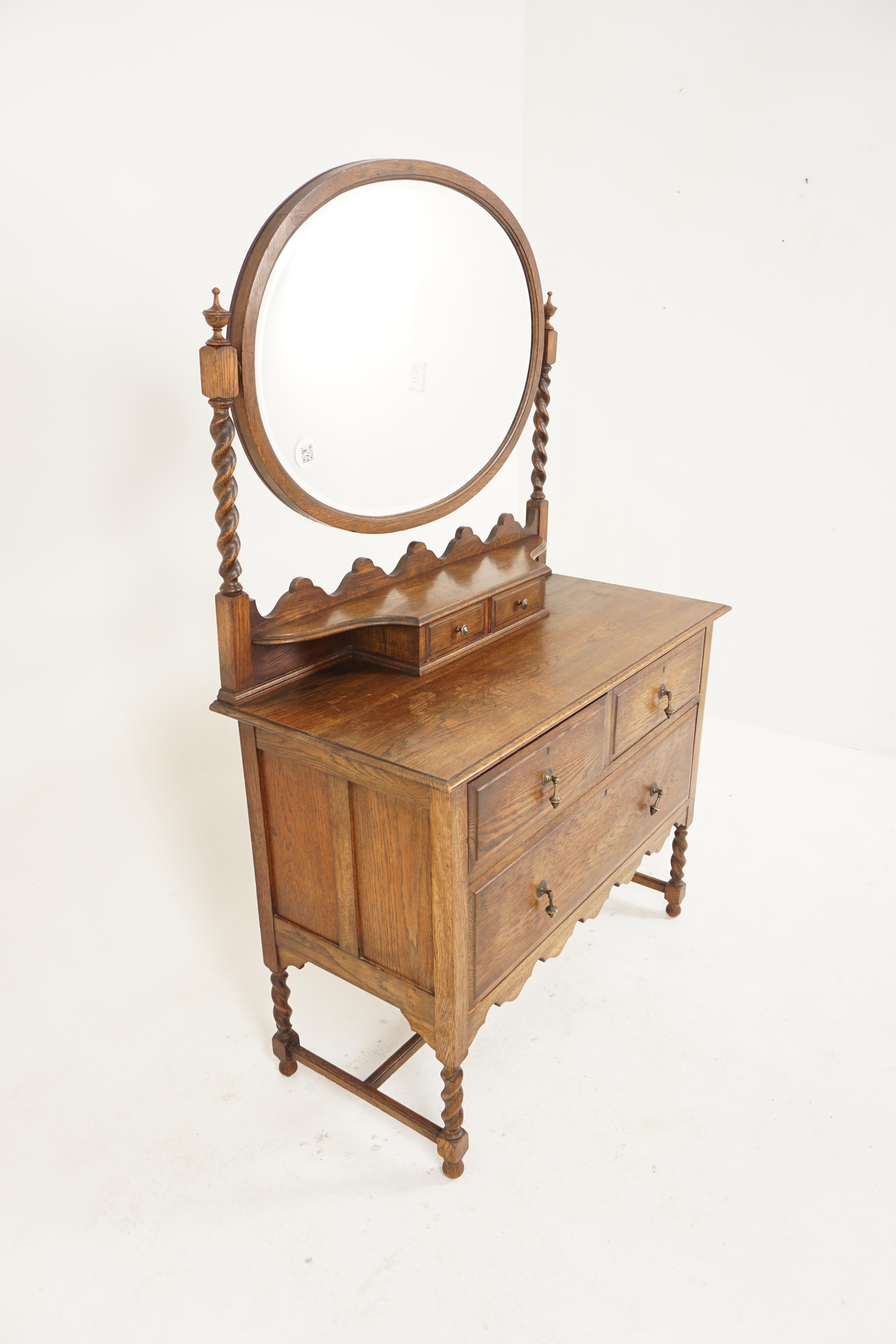 Scottish Arts + Crafts Oak Mirror Back Barley Twist Vanity, Dresser, Scotland 1910, H783