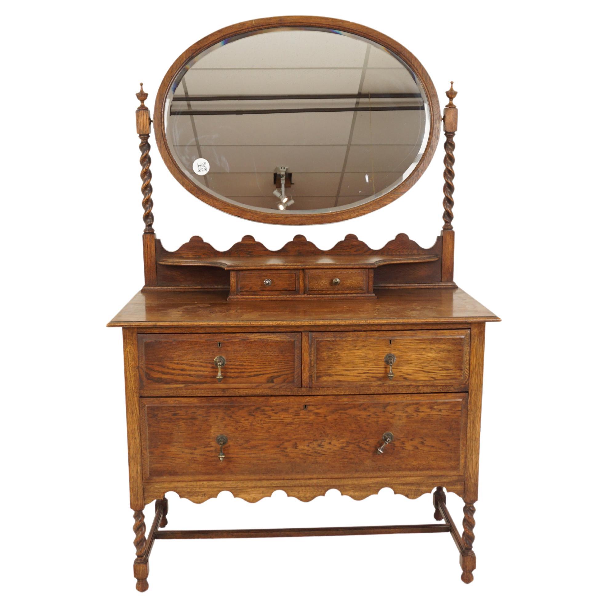 Arts + Crafts Oak Mirror Back Barley Twist Vanity, Dresser, Scotland 1910, H783